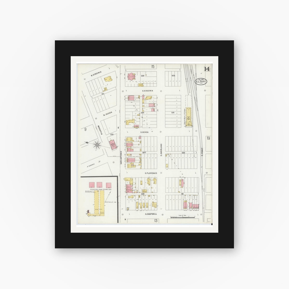 Old map wall art mockup — black gallery frame with white mat — Sanborn Fire Insurance Map from El Paso, El Paso County, Texas (1898), Sheet #0014
