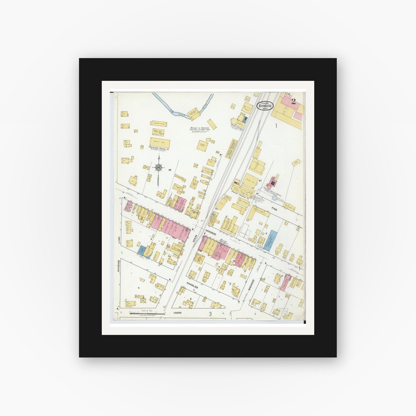 Old map wall art mockup — black gallery frame with white mat — Sanborn Fire Insurance Map from Bangor, Van Buren County, Michigan (1918), Sheet #0002