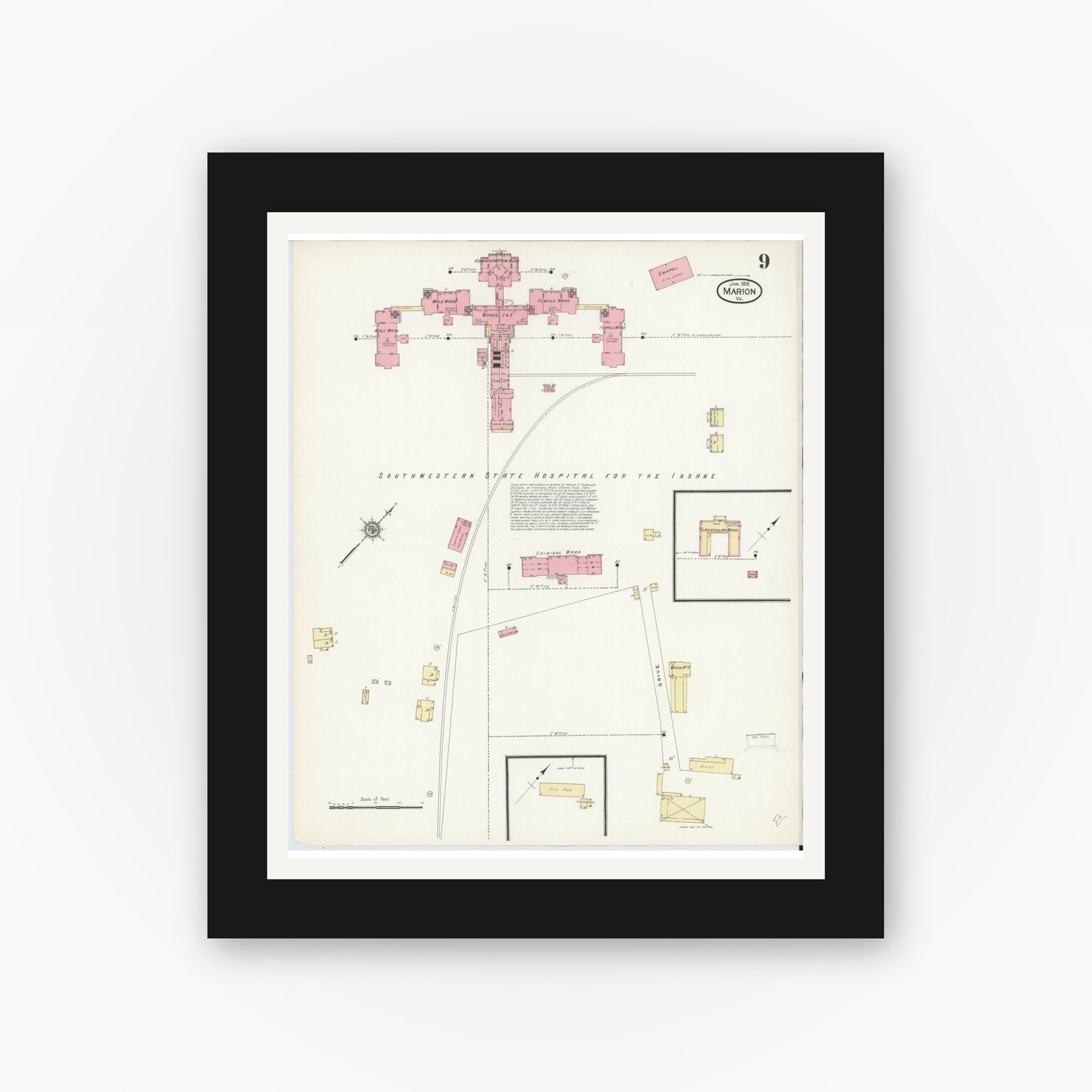 Old map wall art mockup — black gallery frame with white mat — Sanborn Fire Insurance Map from Marion, Smyth County, Virginia (1913), Sheet #0009
