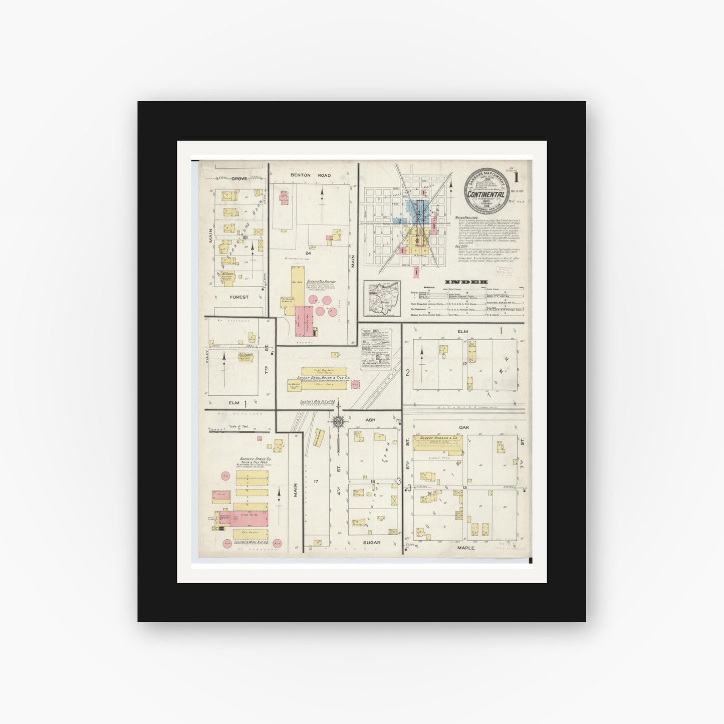 Old map wall art mockup — black gallery frame with white mat — Sanborn Fire Insurance Map from Continental, Putnam County, Ohio (1915), Sheet #0001
