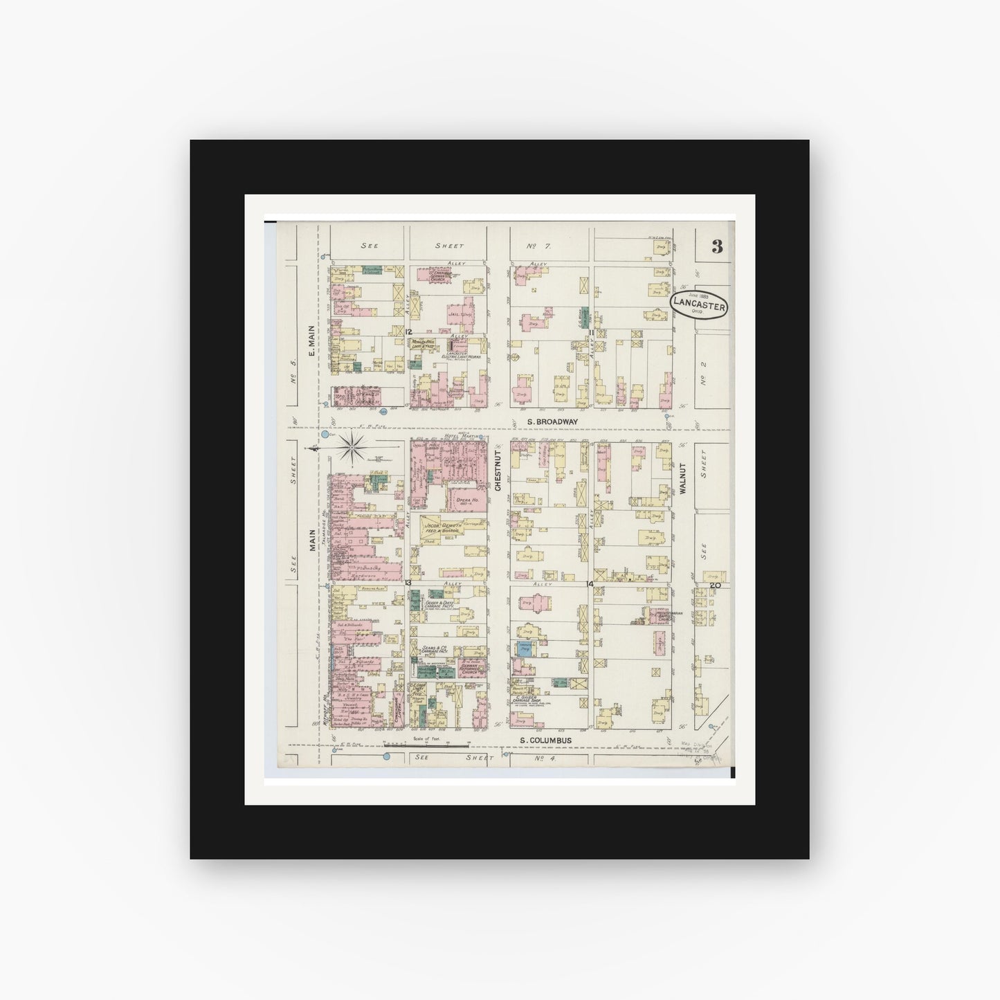 Old map wall art mockup — black gallery frame with white mat — Sanborn Fire Insurance Map from Lancaster, Fairfield County, Ohio (1889), Sheet #0003