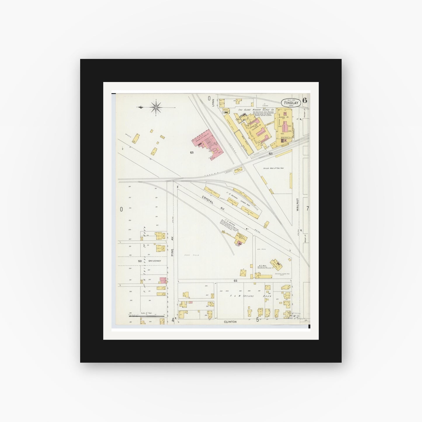 Old map wall art mockup — black gallery frame with white mat — Sanborn Fire Insurance Map from Findlay, Hancock County, Ohio (1901), Sheet #0006