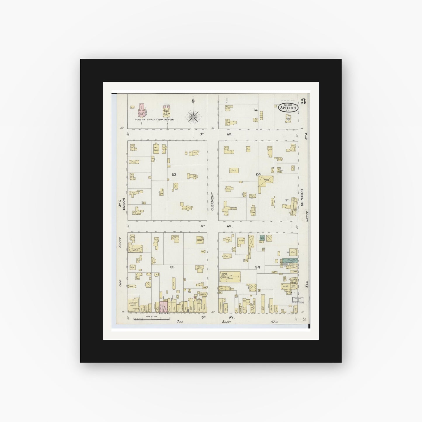 Old map wall art mockup — black gallery frame with white mat — Sanborn Fire Insurance Map from Antigo, Langlade County, Wisconsin (1889), Sheet #0003
