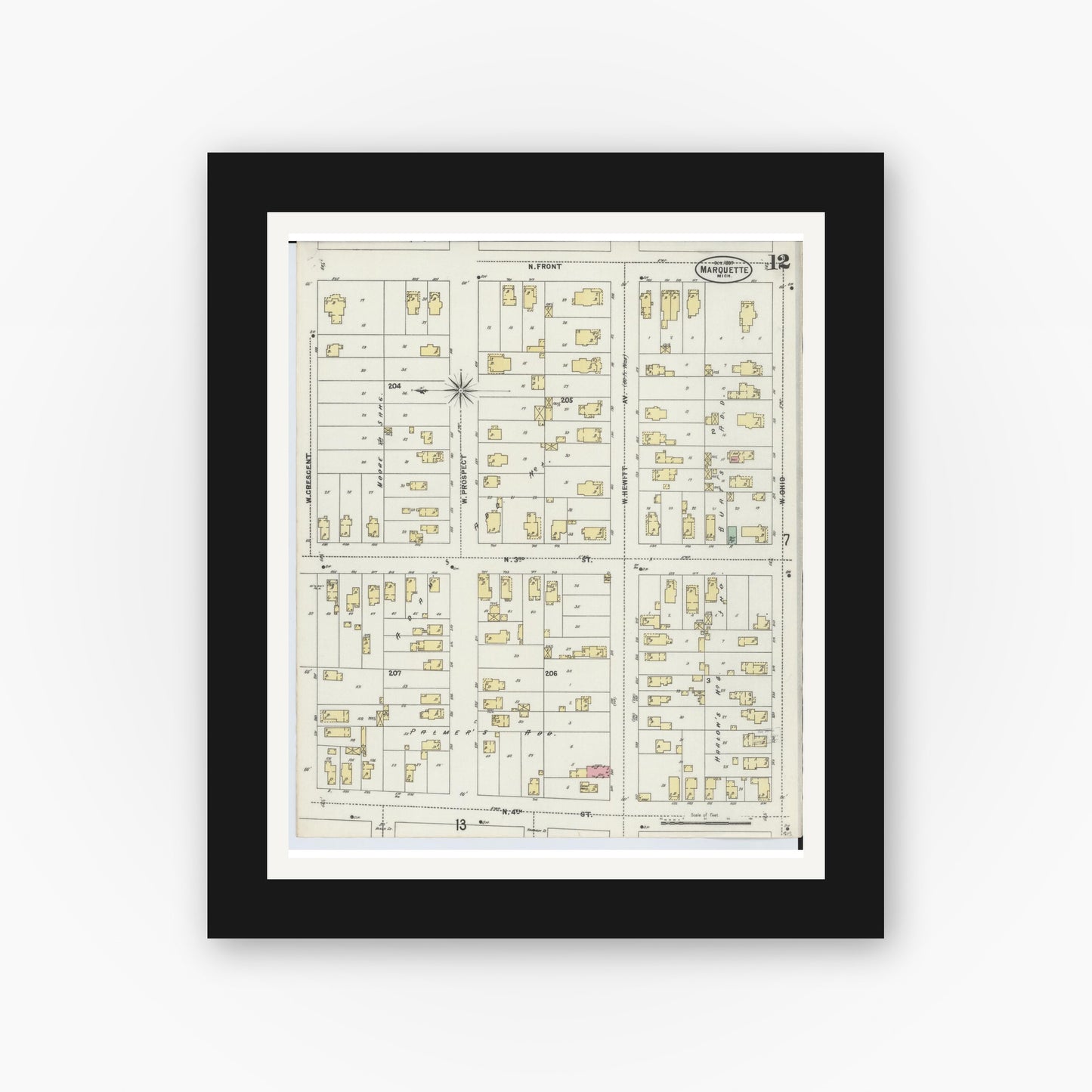 Old map wall art mockup — black gallery frame with white mat — Sanborn Fire Insurance Map from Marquette, Marquette County, Michigan (1897), Sheet #0012