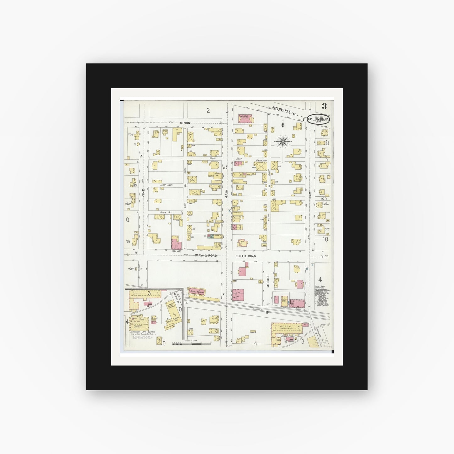 Old map wall art mockup — black gallery frame with white mat — Sanborn Fire Insurance Map from Columbiana, Columbiana County, Ohio (1901), Sheet #0003