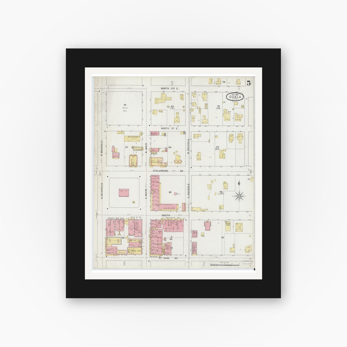 Old map wall art mockup — black gallery frame with white mat — Sanborn Fire Insurance Map from Ocala, Marion County, Florida (1895), Sheet #0005