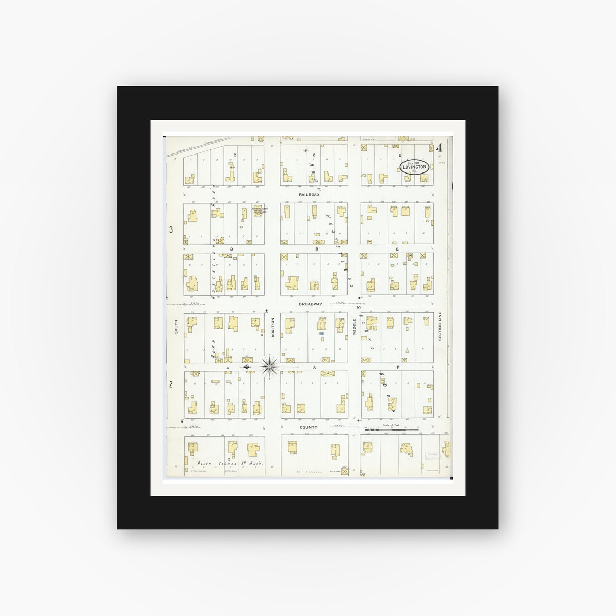Old map wall art mockup — black gallery frame with white mat — Sanborn Fire Insurance Map from Lovington, Moultrie County, Illinois (1909), Sheet #0004