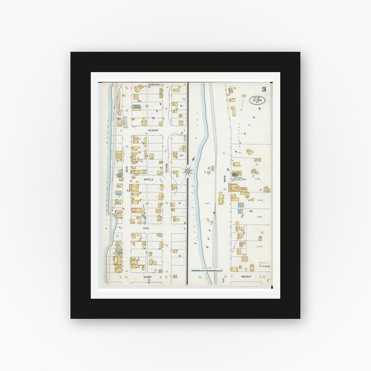 Old map wall art mockup — black gallery frame with white mat — Sanborn Fire Insurance Map from Alma, Buffalo County, Wisconsin (1900), Sheet #0003