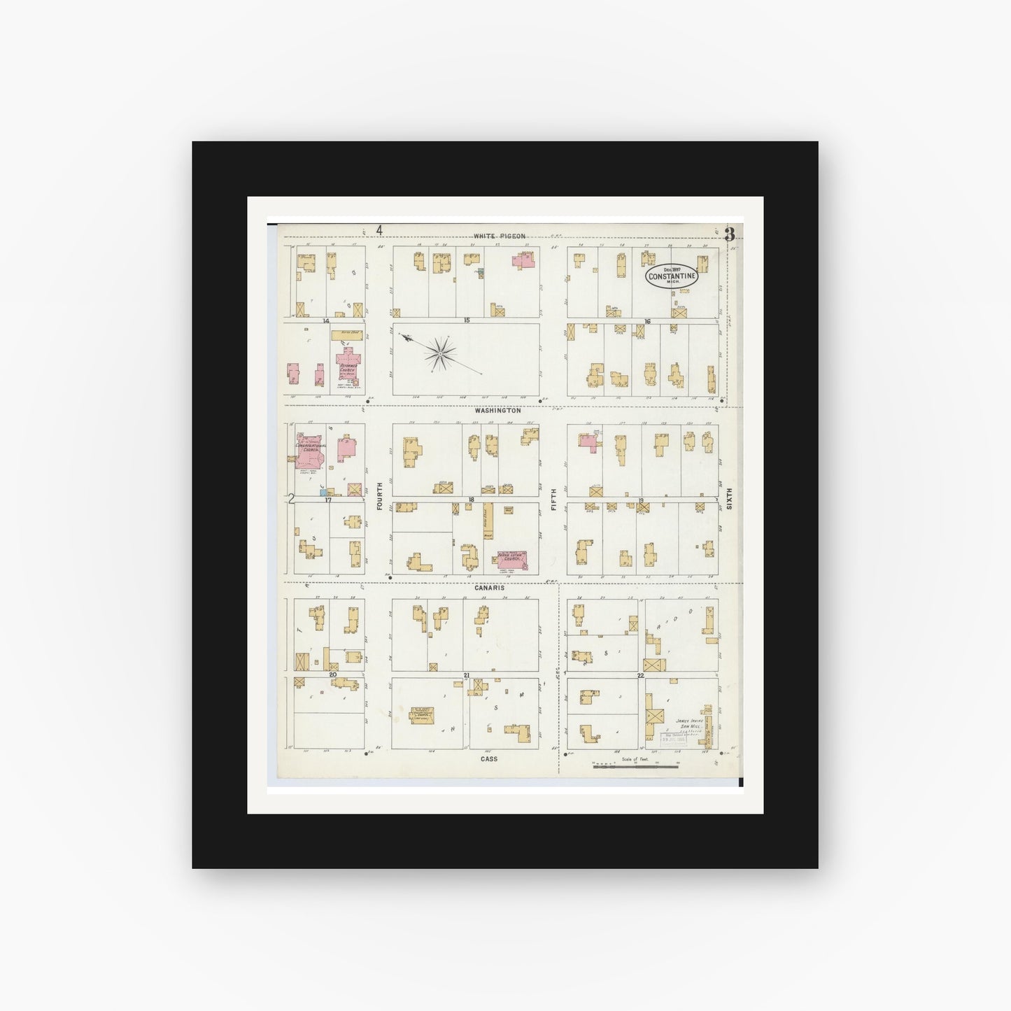 Old map wall art mockup — black gallery frame with white mat — Sanborn Fire Insurance Map from Constantine, Saint Joseph County, Michigan (1897), Sheet #0003