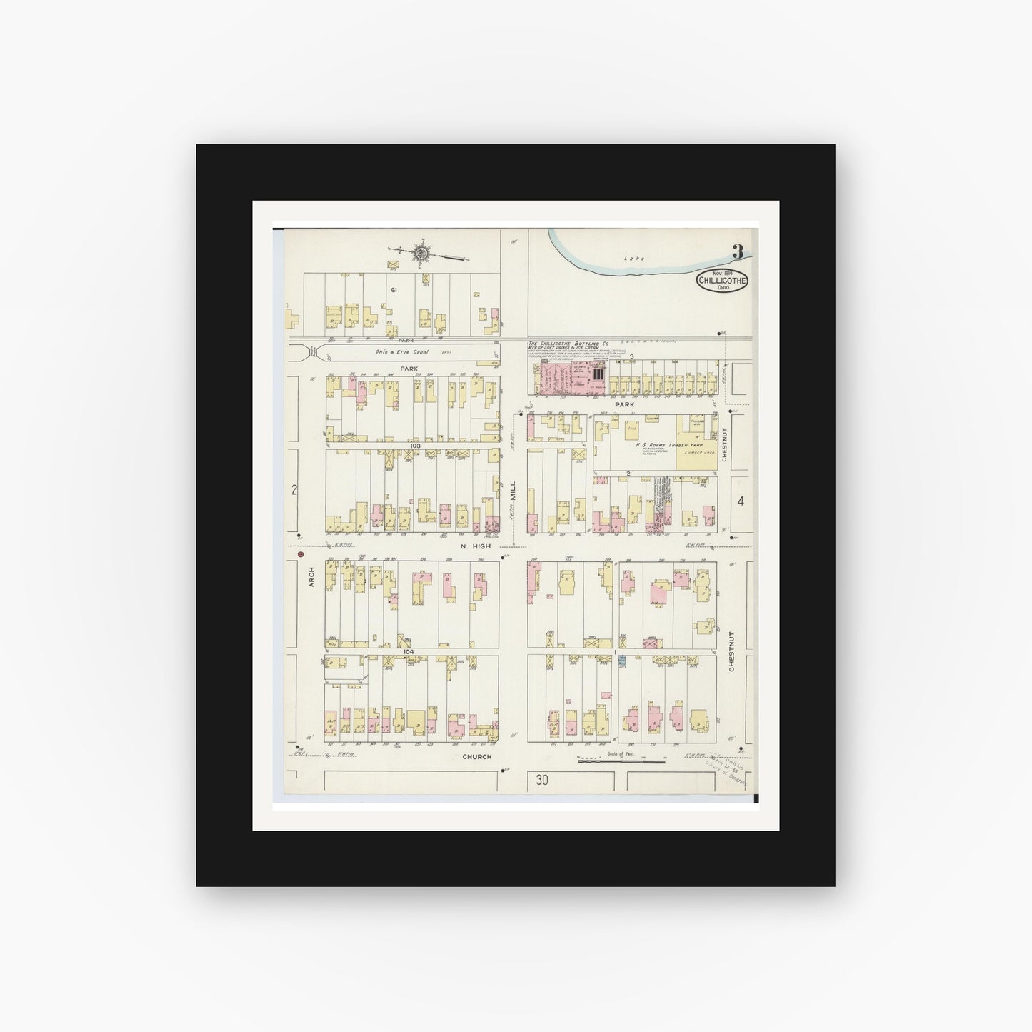 Old map wall art mockup — black gallery frame with white mat — Sanborn Fire Insurance Map from Chillicothe, Ross County, Ohio (1914), Sheet #0003
