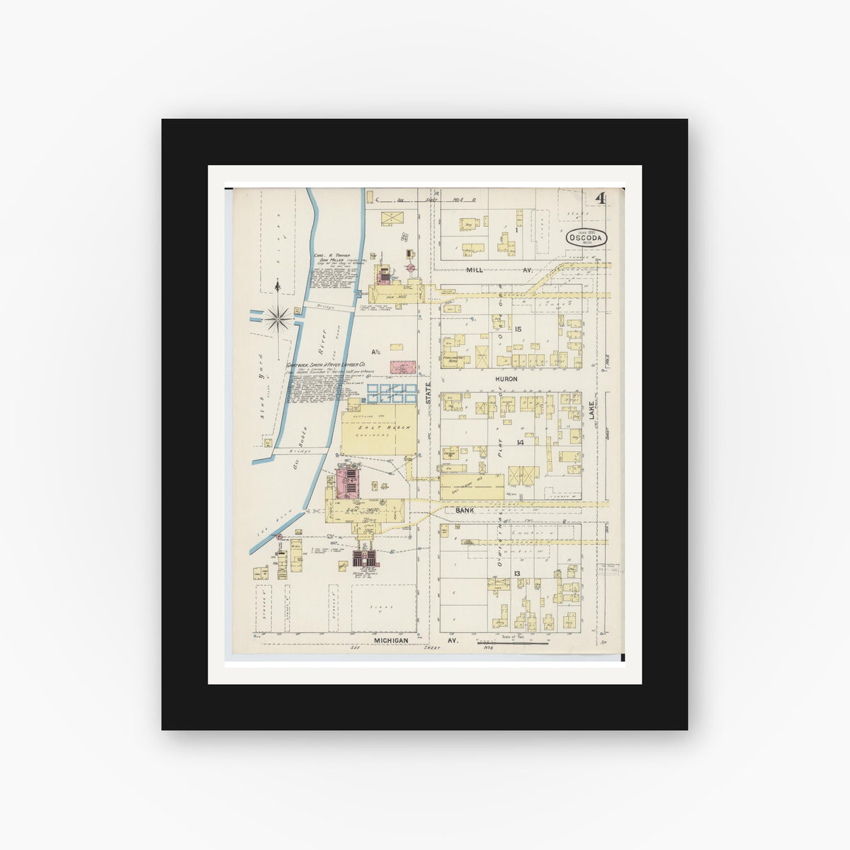 Old map wall art mockup — black gallery frame with white mat — Sanborn Fire Insurance Map from Oscoda, Iosco County, Michigan (1890), Sheet #0004