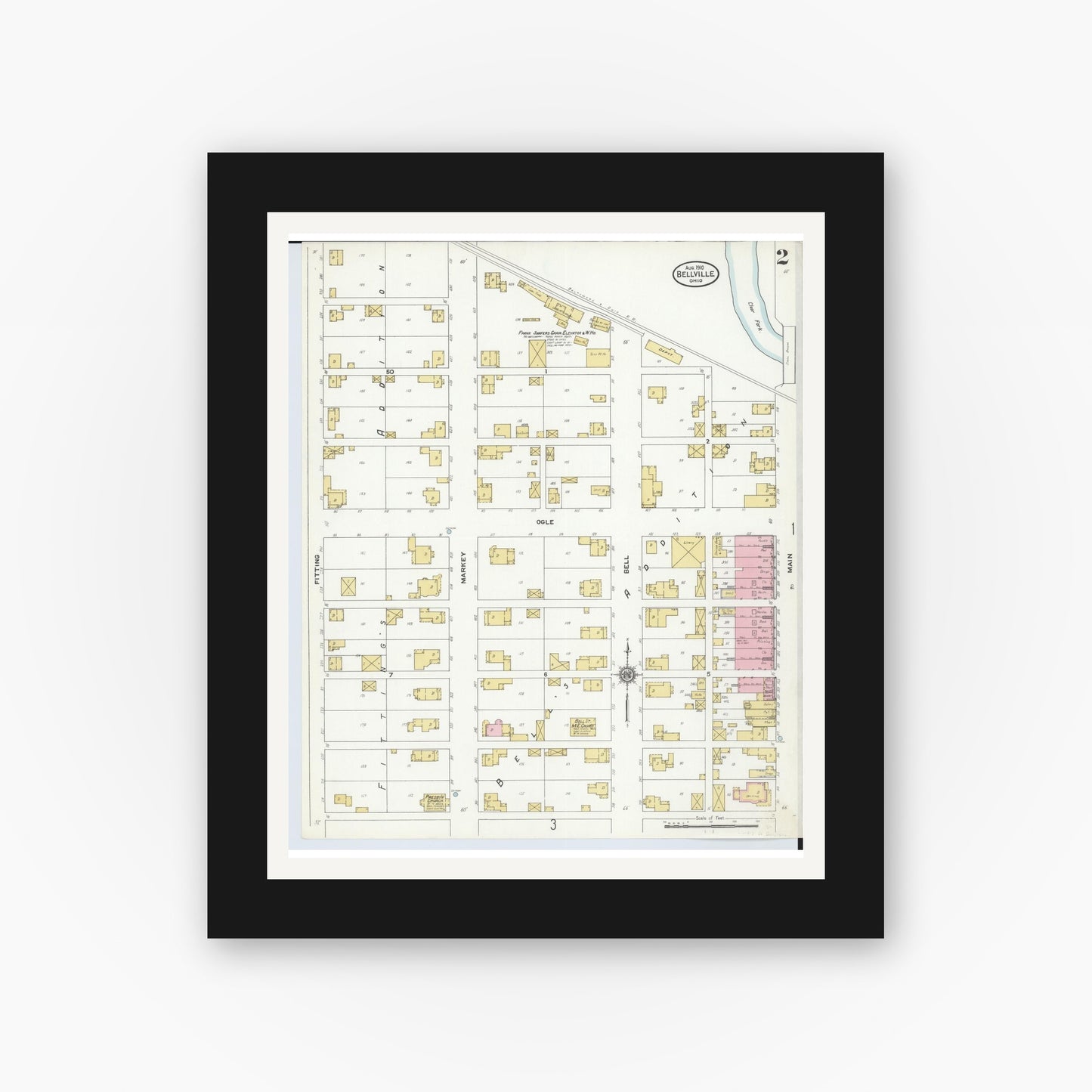 Old map wall art mockup — black gallery frame with white mat — Sanborn Fire Insurance Map from Bellville, Richland County, Ohio (1910), Sheet #0002