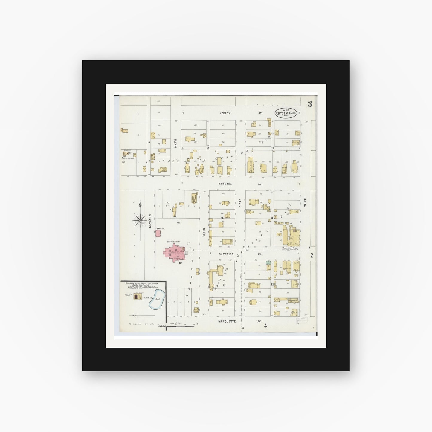 Old map wall art mockup — black gallery frame with white mat — Sanborn Fire Insurance Map from Crystal Falls, Iron County, Michigan (1898), Sheet #0003