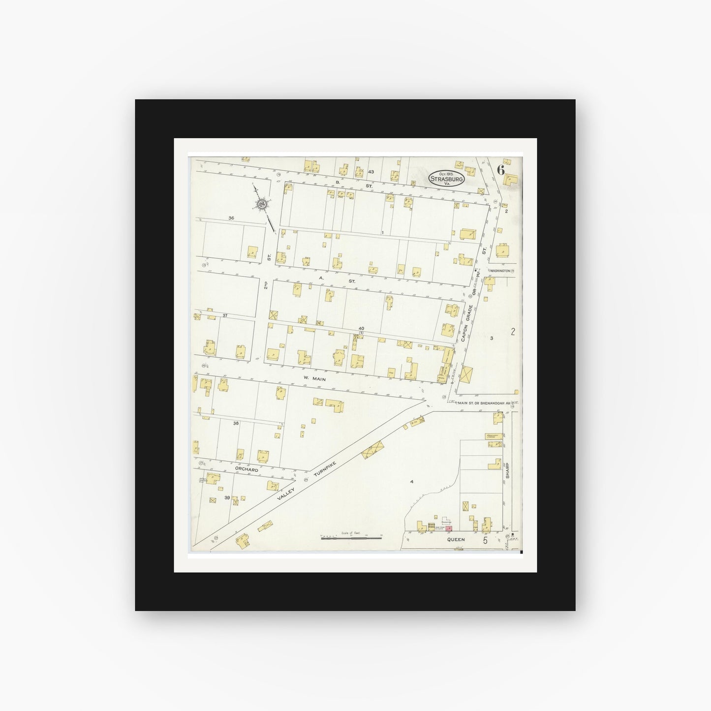 Old map wall art mockup — black gallery frame with white mat — Sanborn Fire Insurance Map from Strasburg, Shenandoah County, Virginia (1915), Sheet #0006