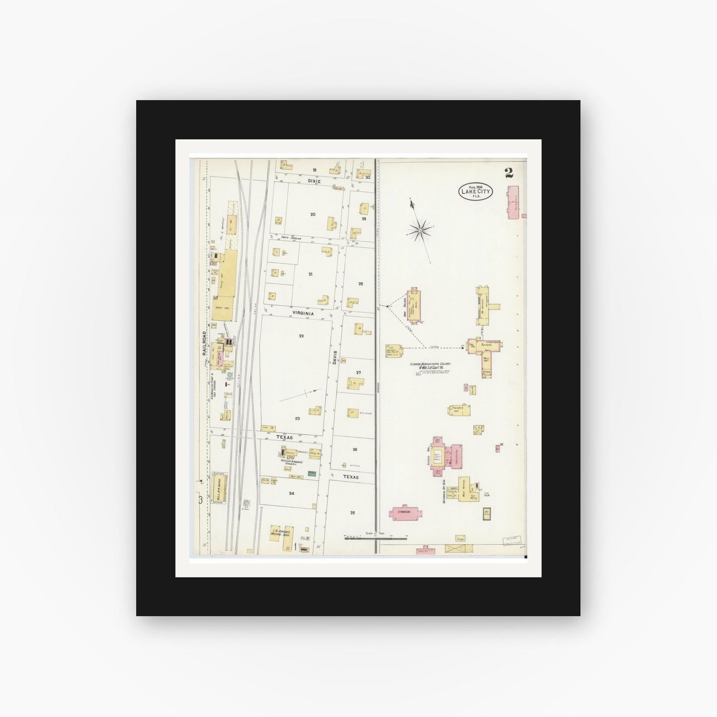 Old map wall art mockup — black gallery frame with white mat — Sanborn Fire Insurance Map from Lake City, Columbia County, Florida (1906), Sheet #0002