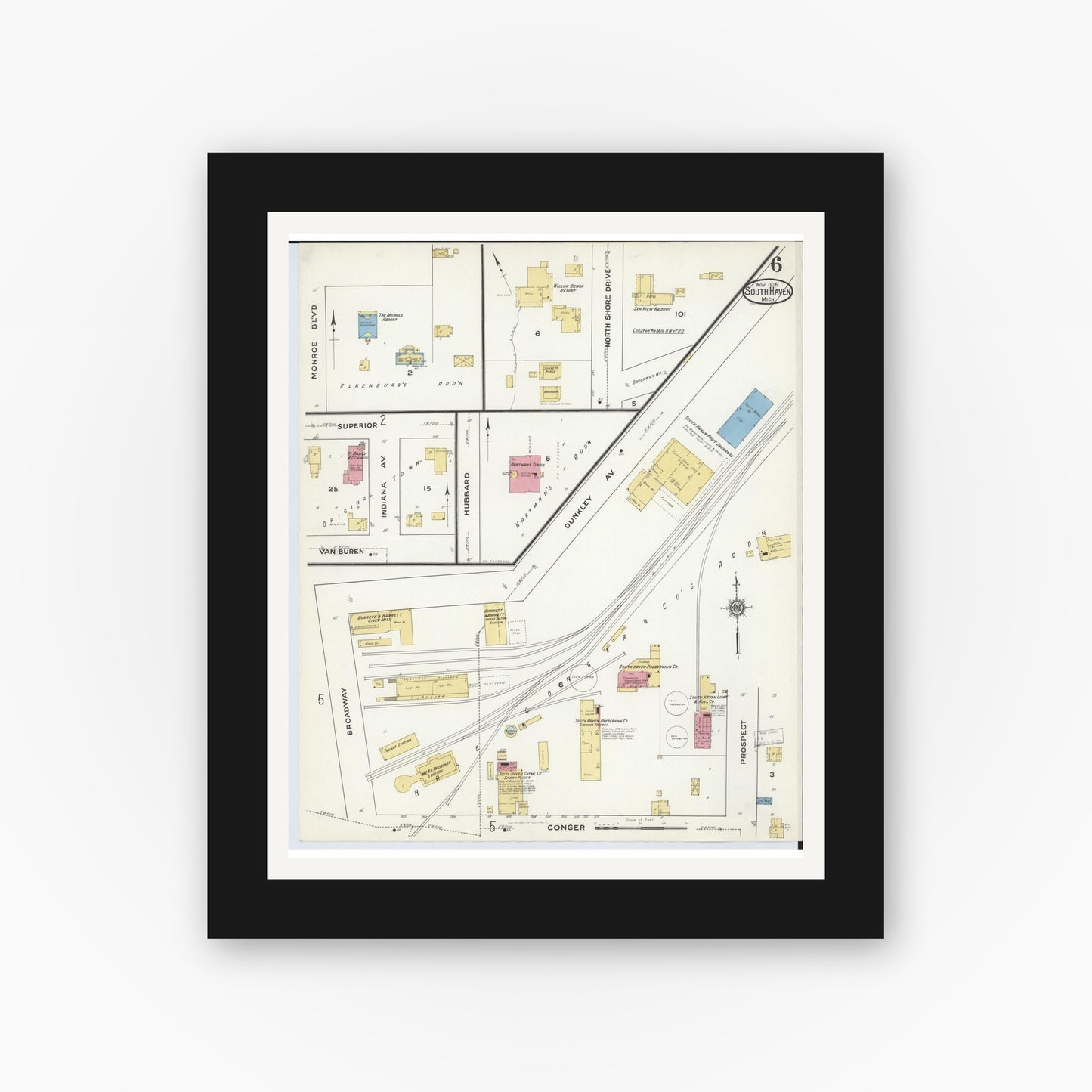 Old map wall art mockup — black gallery frame with white mat — Sanborn Fire Insurance Map from South Haven, Van Buren County, Michigan (1916), Sheet #0006