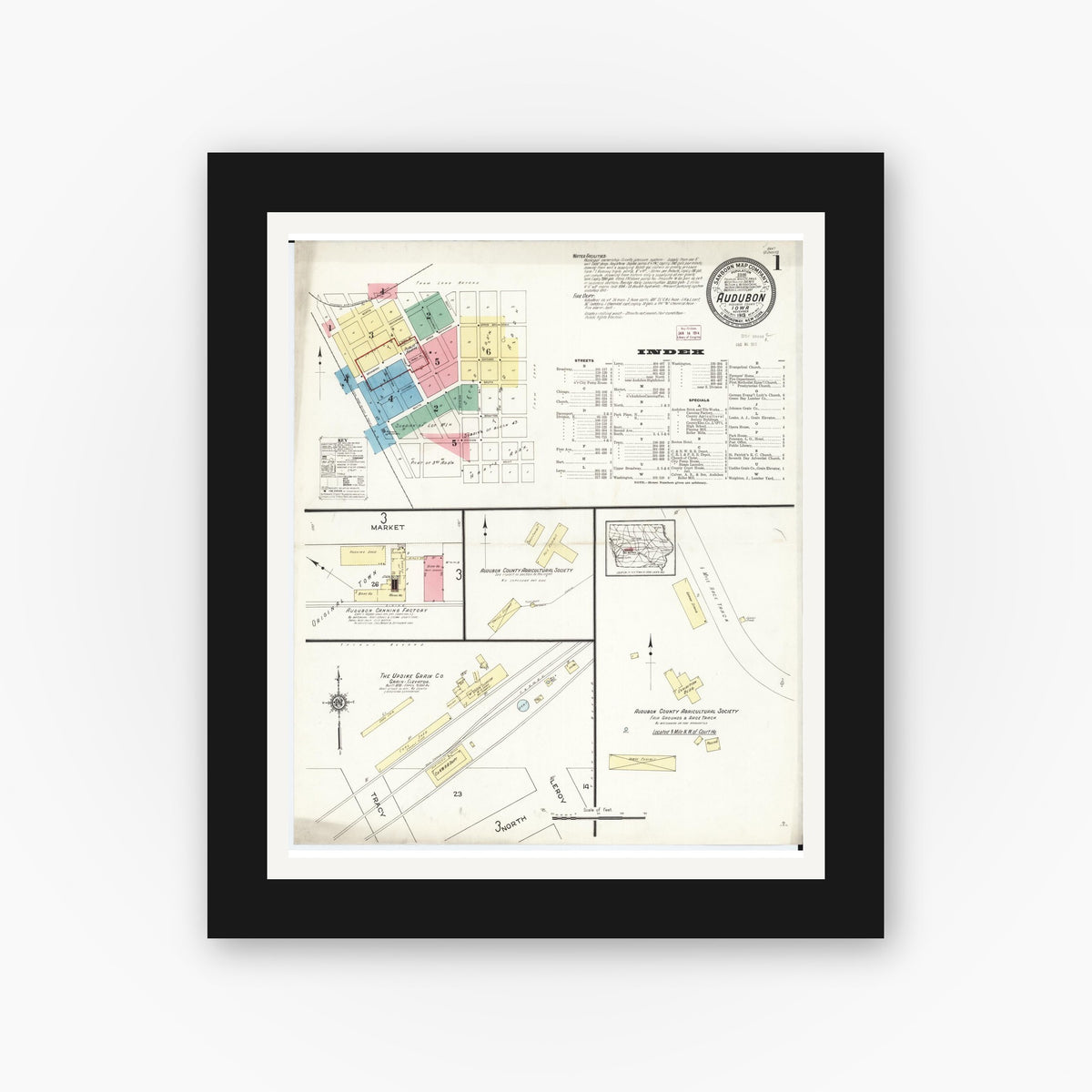 Old map wall art mockup — black gallery frame with white mat — Sanborn Fire Insurance Map from Audubon, Audubon County, Iowa (1913) — Complete Set