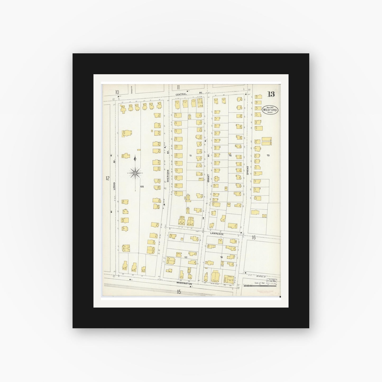 Old map wall art mockup — black gallery frame with white mat — Sanborn Fire Insurance Map from Medford, Middlesex County, Massachusetts (1903), Sheet #0013