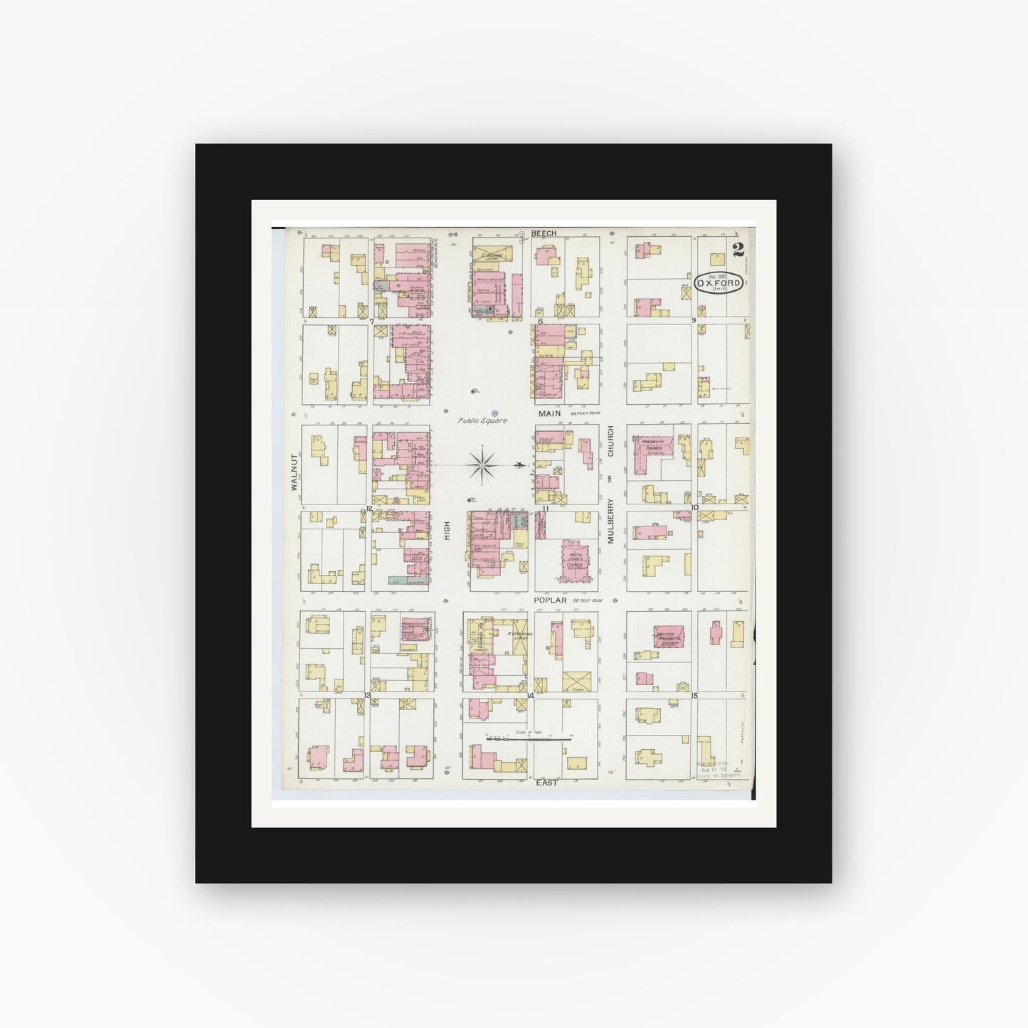 Old map wall art mockup — black gallery frame with white mat — Sanborn Fire Insurance Map from Oxford, Butler County, Ohio (1892), Sheet #0002
