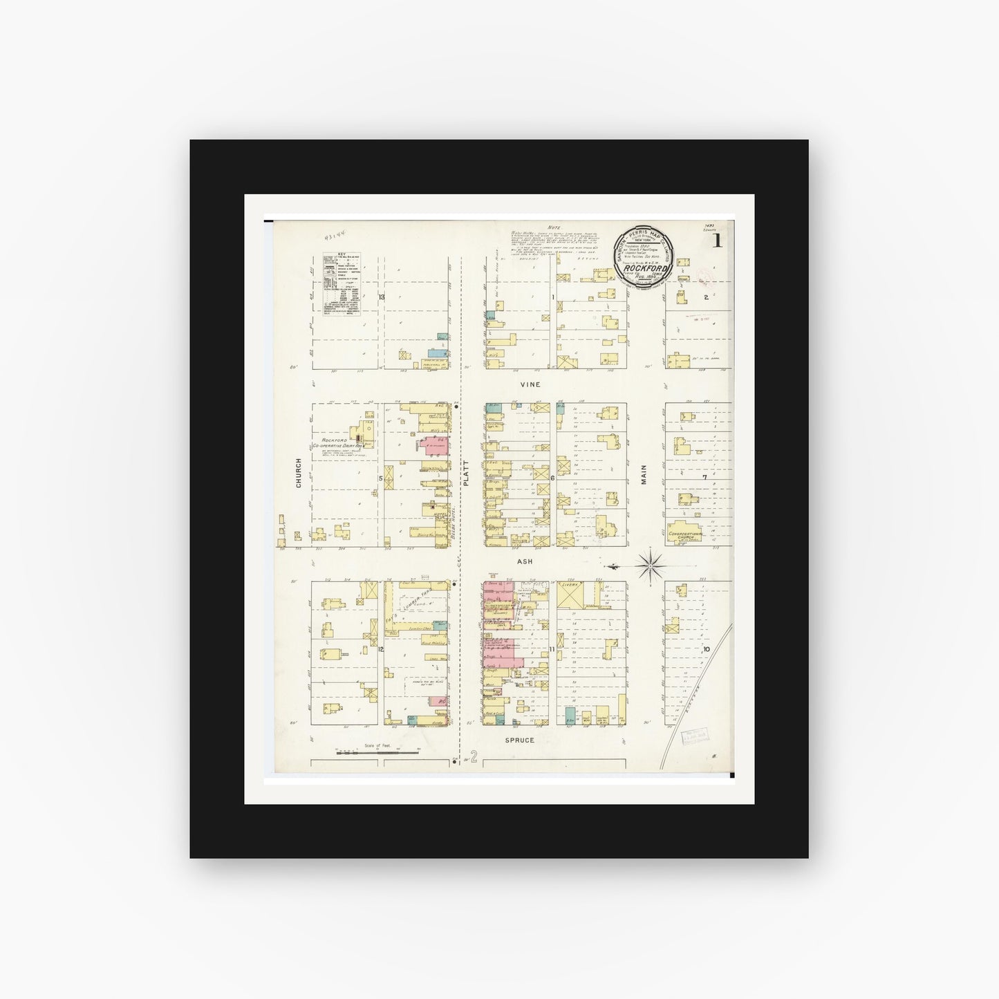 Old map wall art mockup — black gallery frame with white mat — Sanborn Fire Insurance Map from Rockford, Floyd County, Iowa (1894) — Complete Set