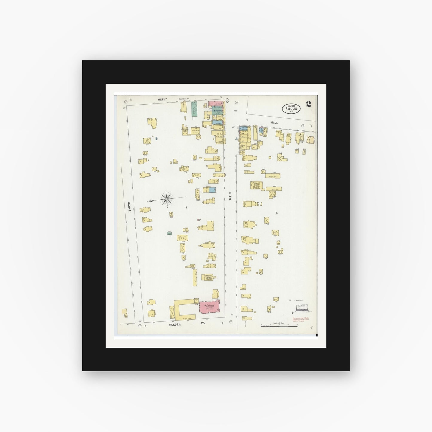 Old map wall art mockup — black gallery frame with white mat — Sanborn Fire Insurance Map from Sodus, Wayne County, New York (1899), Sheet #0002