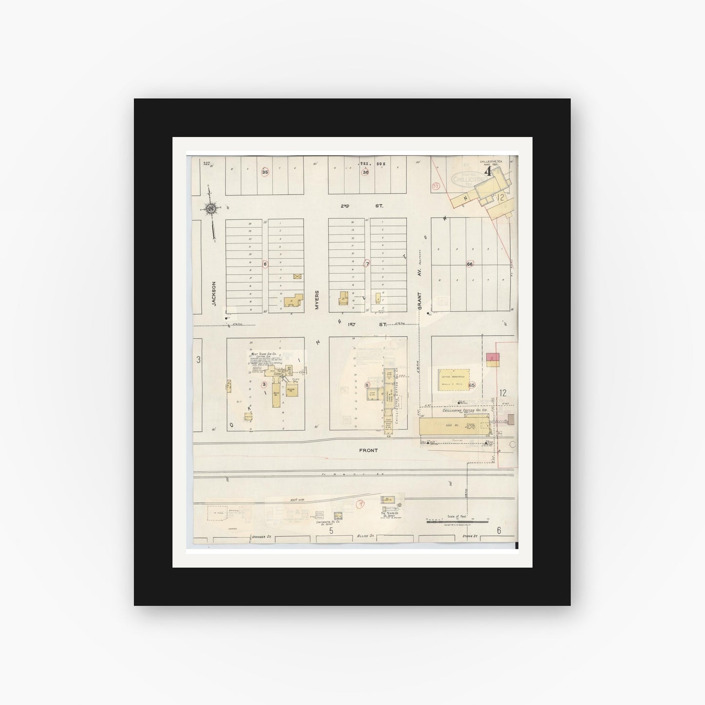 Old map wall art mockup — black gallery frame with white mat — Sanborn Fire Insurance Map from Chillicothe, Hardeman County, Texas (1941), Sheet #0004