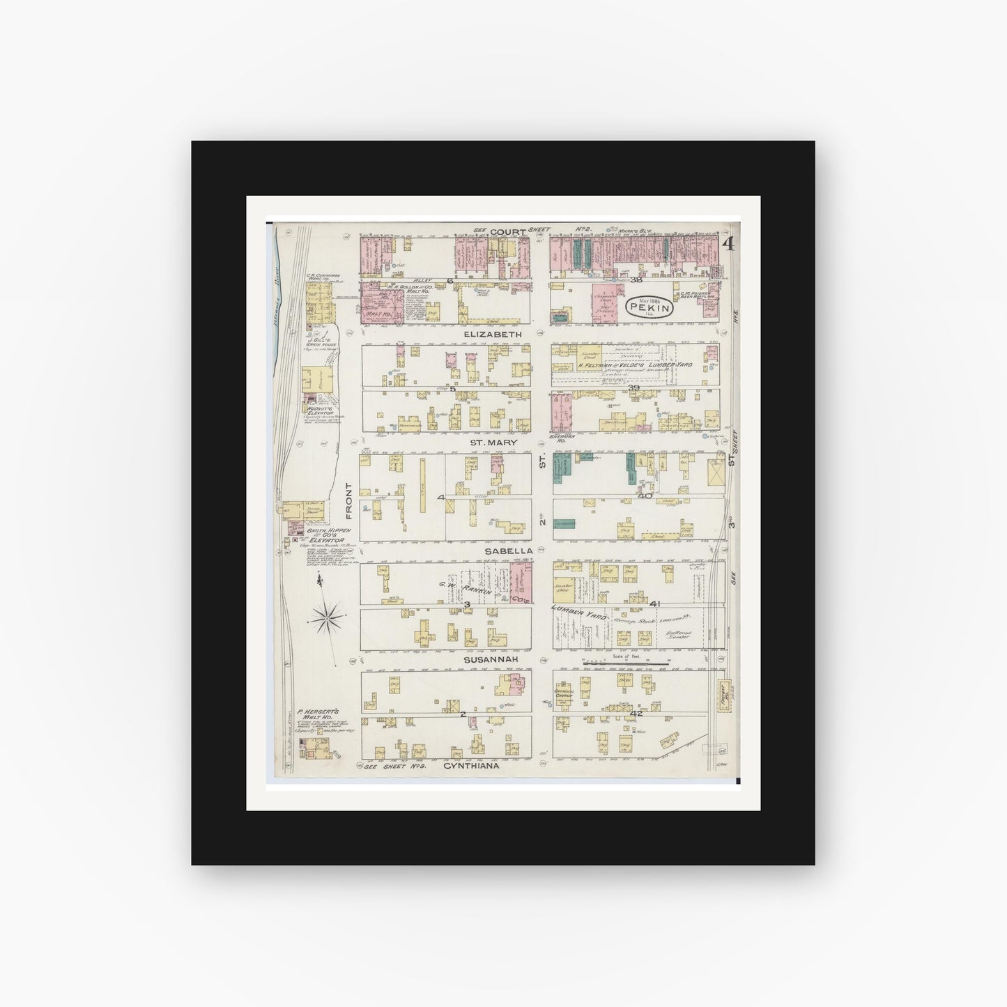 Old map wall art mockup — black gallery frame with white mat — Sanborn Fire Insurance Map from Pekin, Tazewell County, Illinois (1885), Sheet #0004