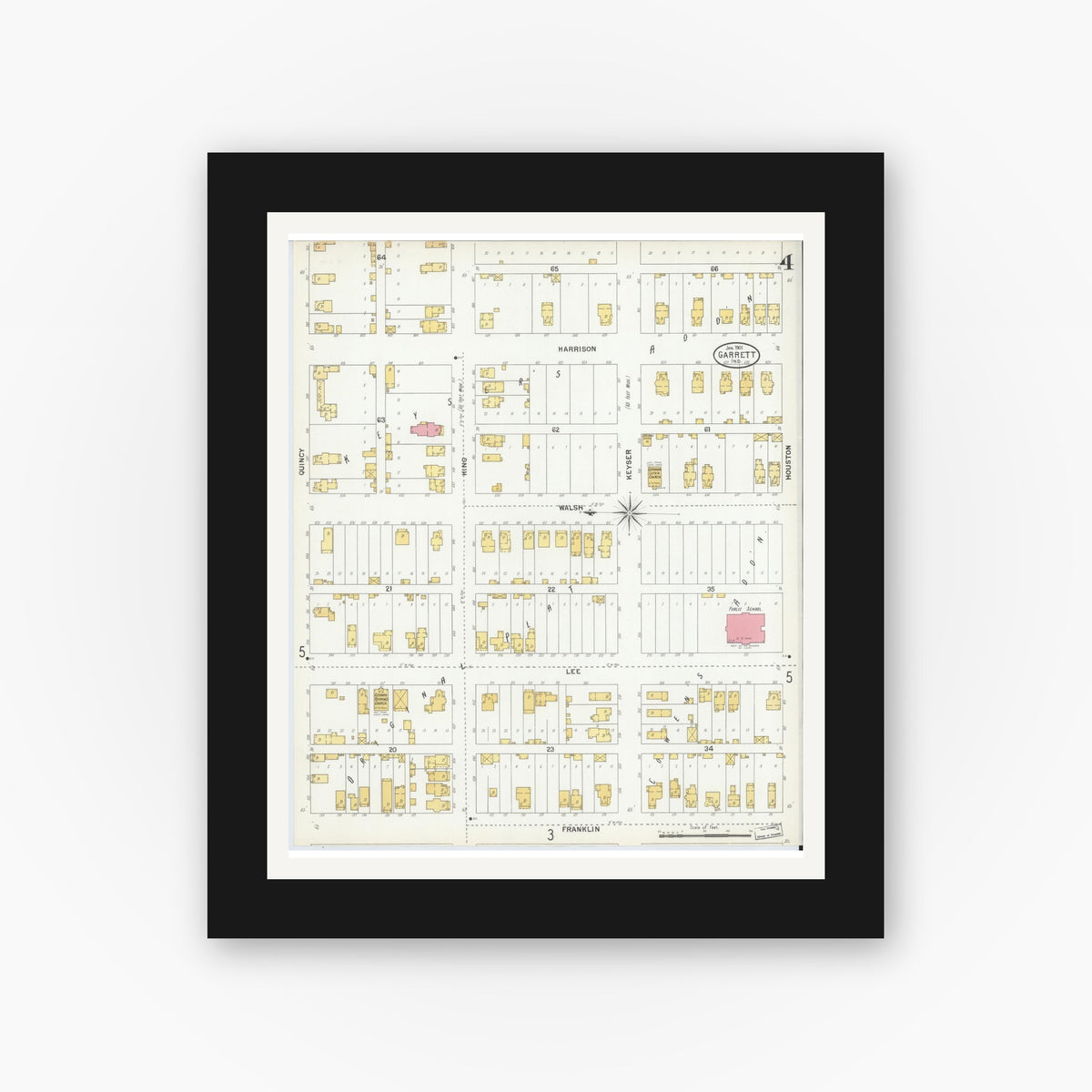 Old map wall art mockup — black gallery frame with white mat — Sanborn Fire Insurance Map from Garrett, De Kalb County, Indiana (1901), Sheet #0004