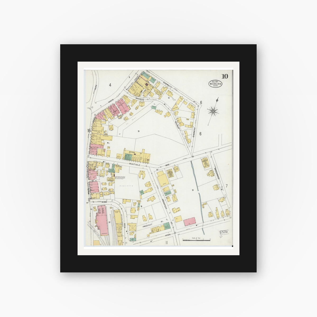 Old map wall art mockup — black gallery frame with white mat — Sanborn Fire Insurance Map from Woburn, Middlesex County, Massachusetts (1904), Sheet #0010