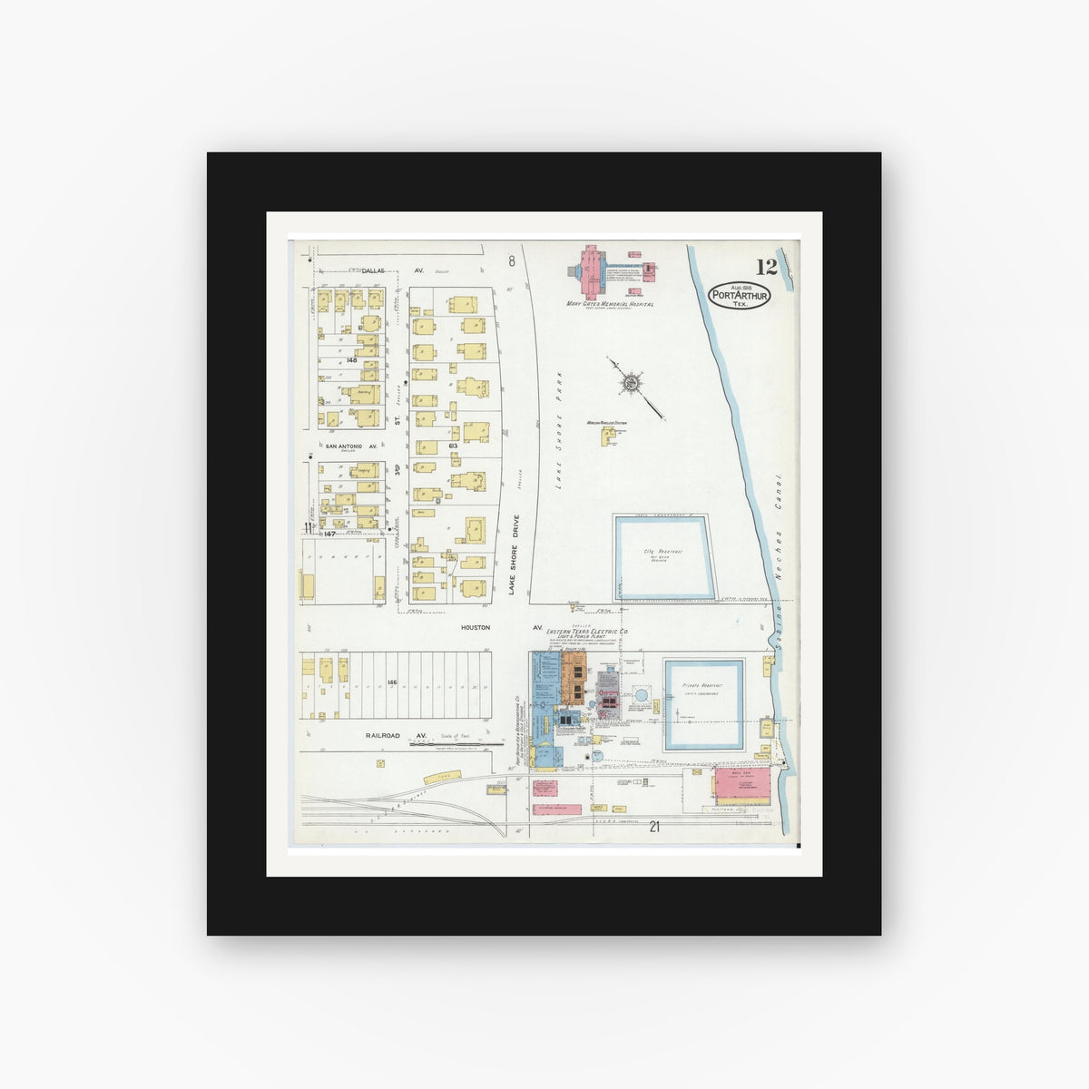 Old map wall art mockup — black gallery frame with white mat — Sanborn Fire Insurance Map from Port Arthur, Jefferson County, Texas (1918), Sheet #0012