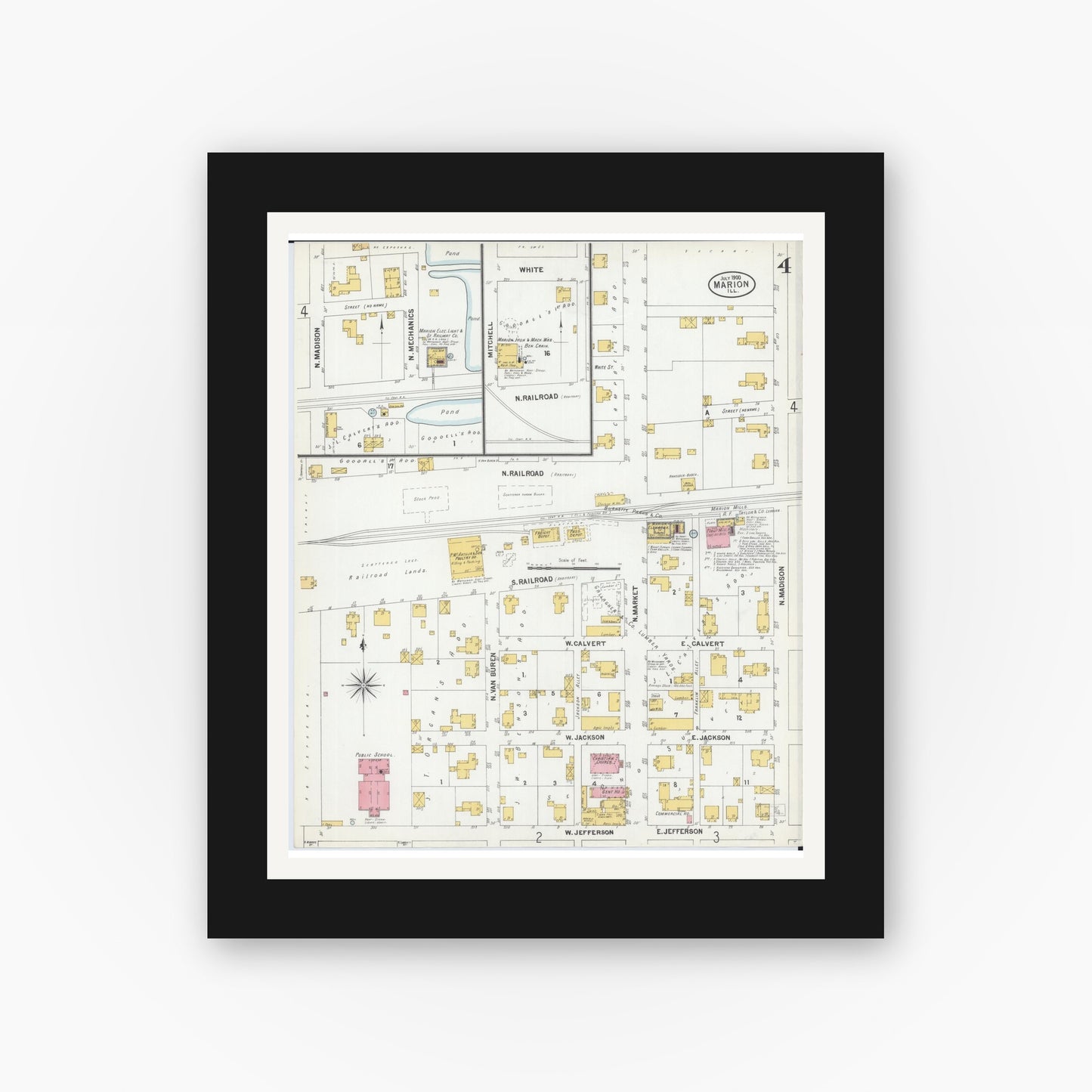 Old map wall art mockup — black gallery frame with white mat — Sanborn Fire Insurance Map from Marion, Williamson County, Illinois (1900), Sheet #0006