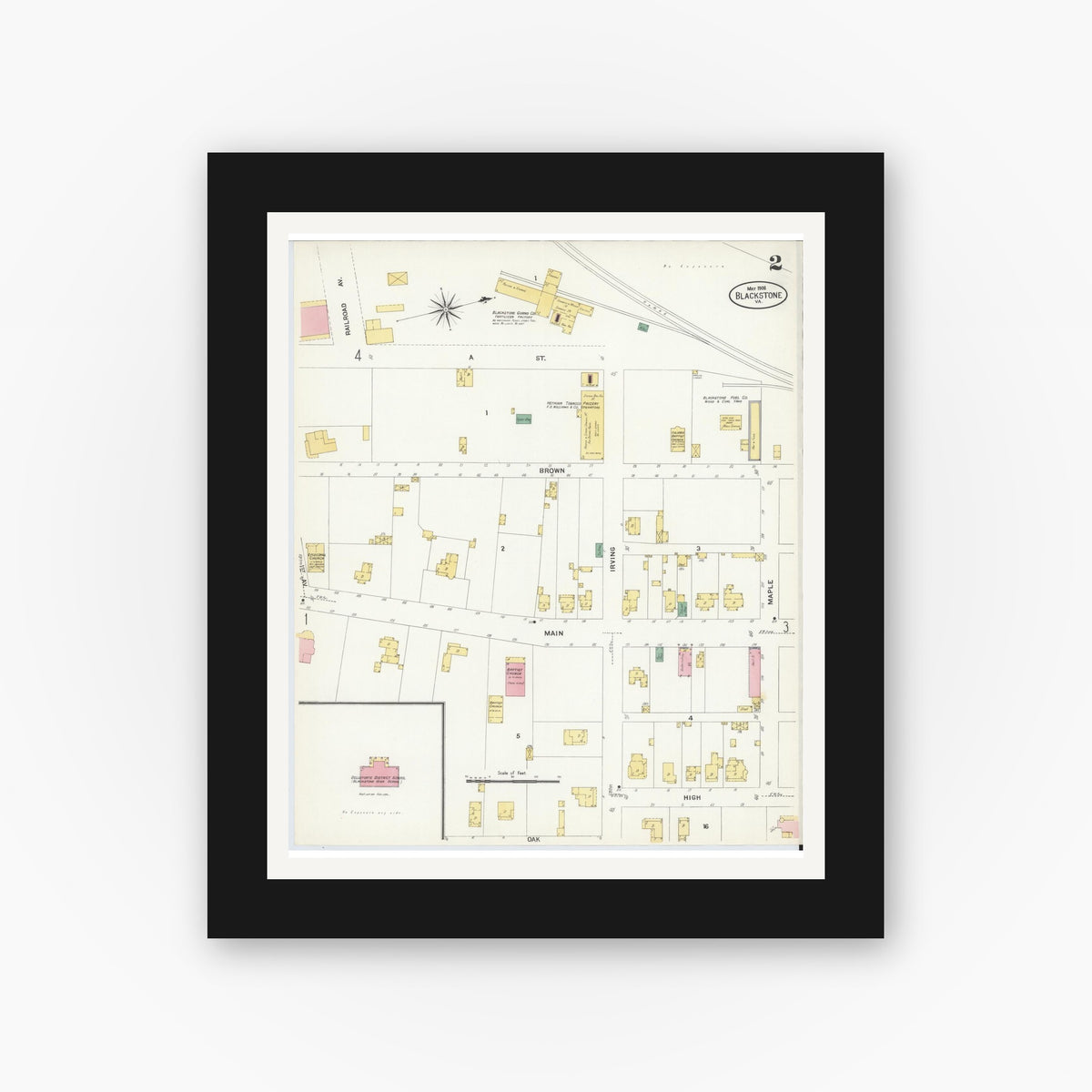 Old map wall art mockup — black gallery frame with white mat — Sanborn Fire Insurance Map from Blackstone, Nottoway County, Virginia (1908), Sheet #0002