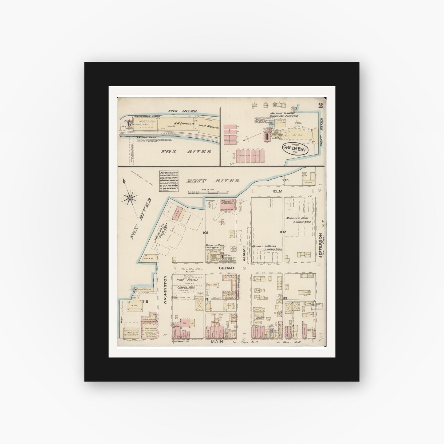 Old map wall art mockup — black gallery frame with white mat — Sanborn Fire Insurance Map from Green Bay, Brown County, Wisconsin (1883) - Complete Map Set