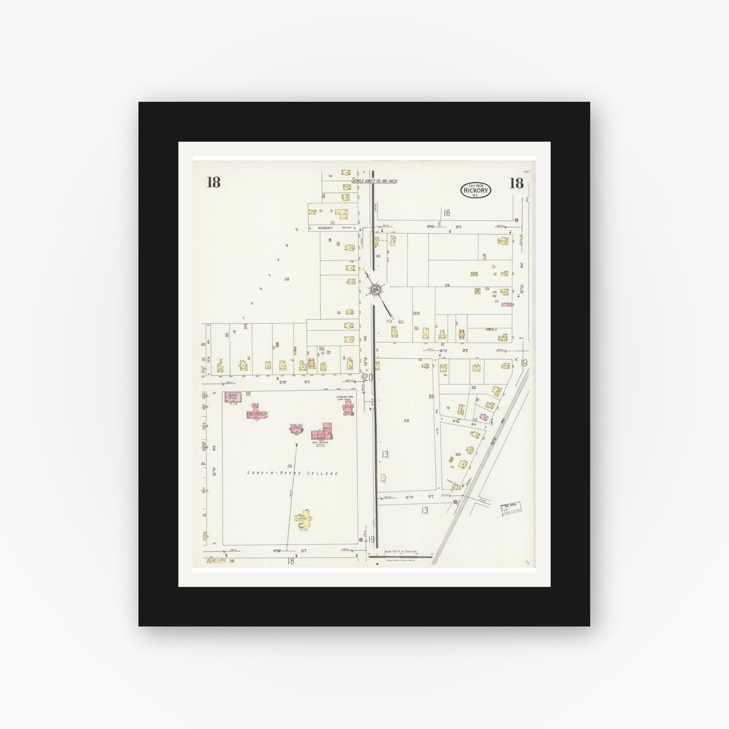 Old map wall art mockup — black gallery frame with white mat — Sanborn Fire Insurance Map from Hickory, Catawba County, North Carolina (1925), Sheet #0018
