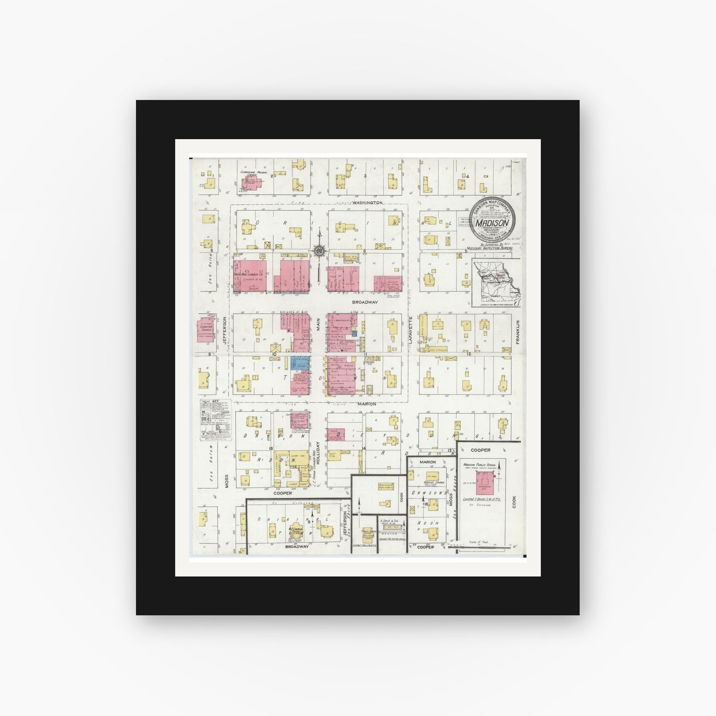 Old map wall art mockup — black gallery frame with white mat — Sanborn Fire Insurance Map from Madison, Monroe County, Missouri (1919), Sheet #0001
