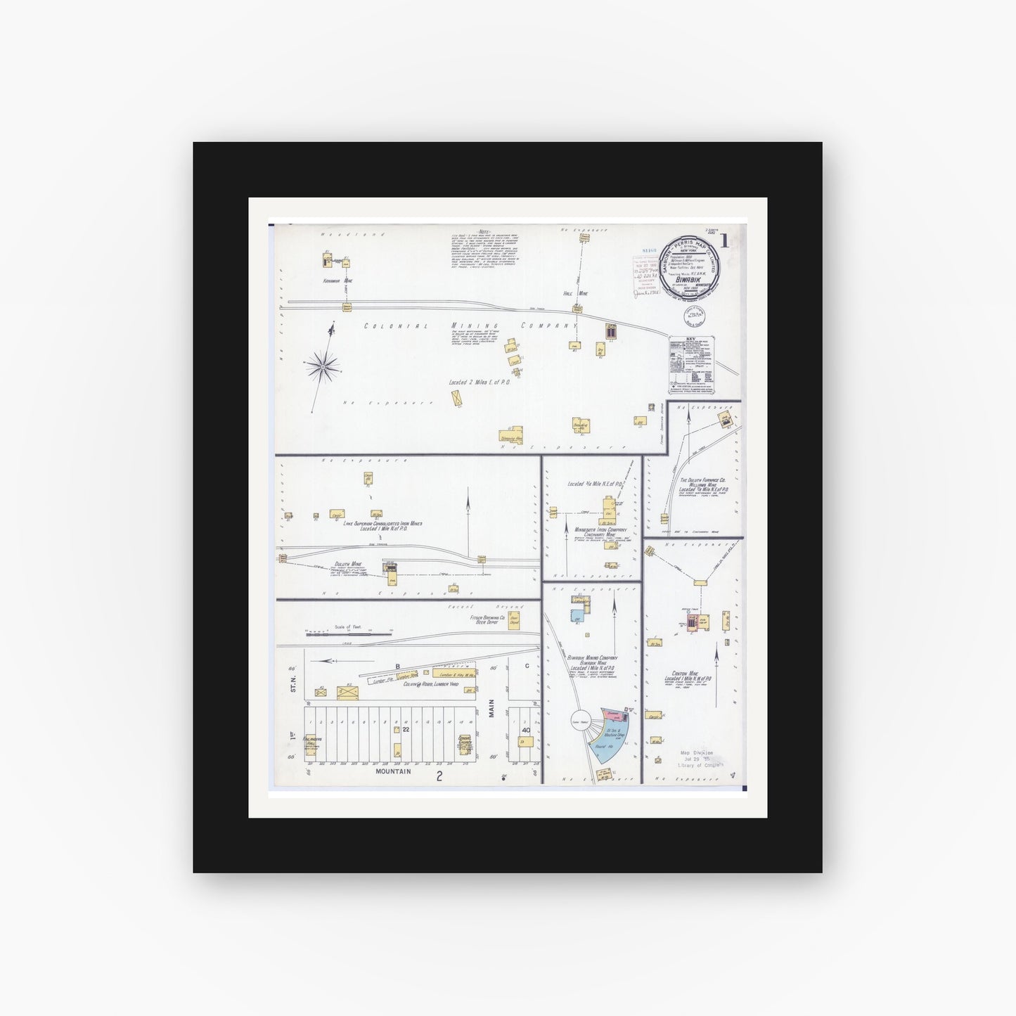 Old map wall art mockup — black gallery frame with white mat — Sanborn Fire Insurance Map from Biwabik, Saint Louis County, Minnesota (1900), Sheet #0001