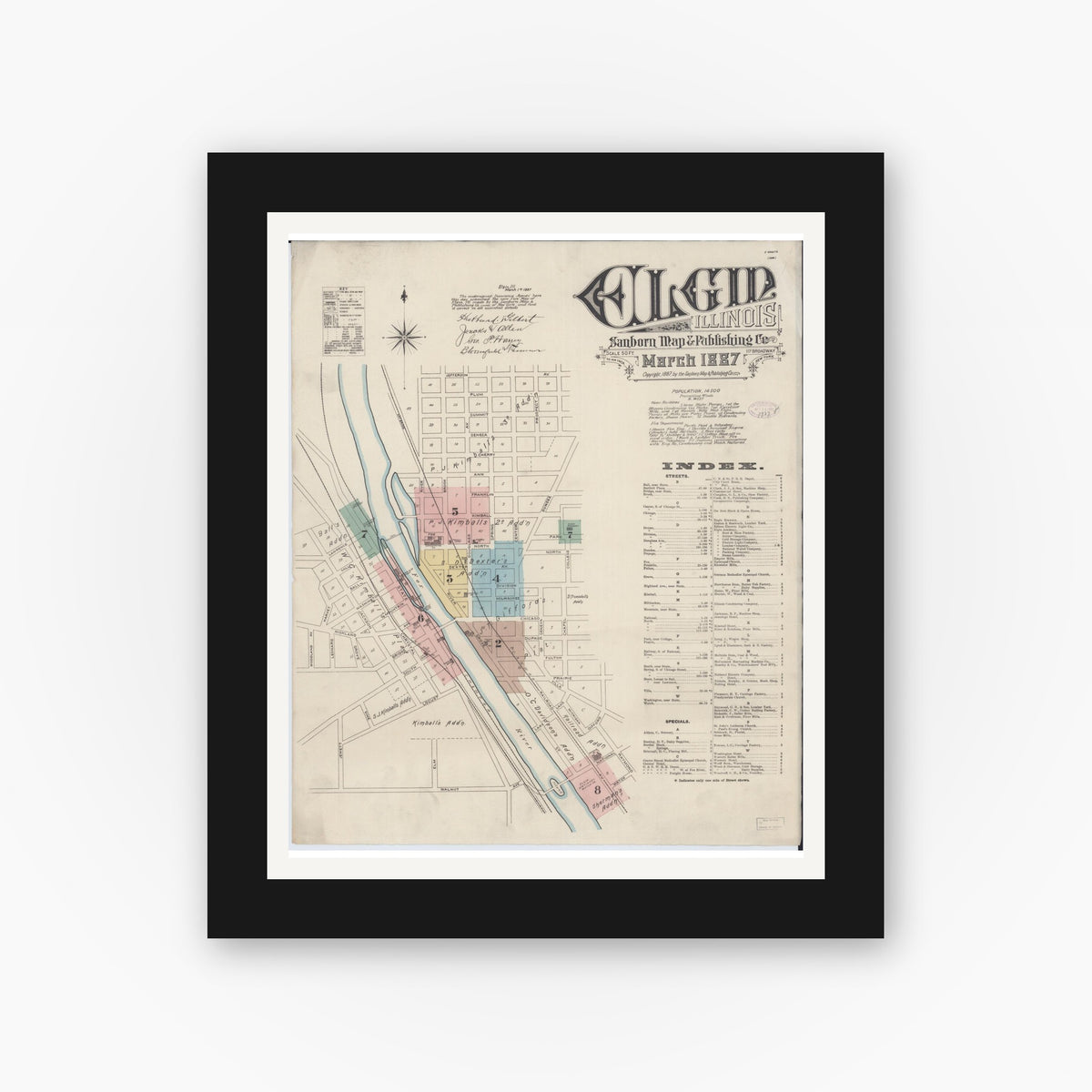 Old map wall art mockup — black gallery frame with white mat — Sanborn Fire Insurance Map from Elgin, Kane County, Illinois (1887) - Complete Map Set