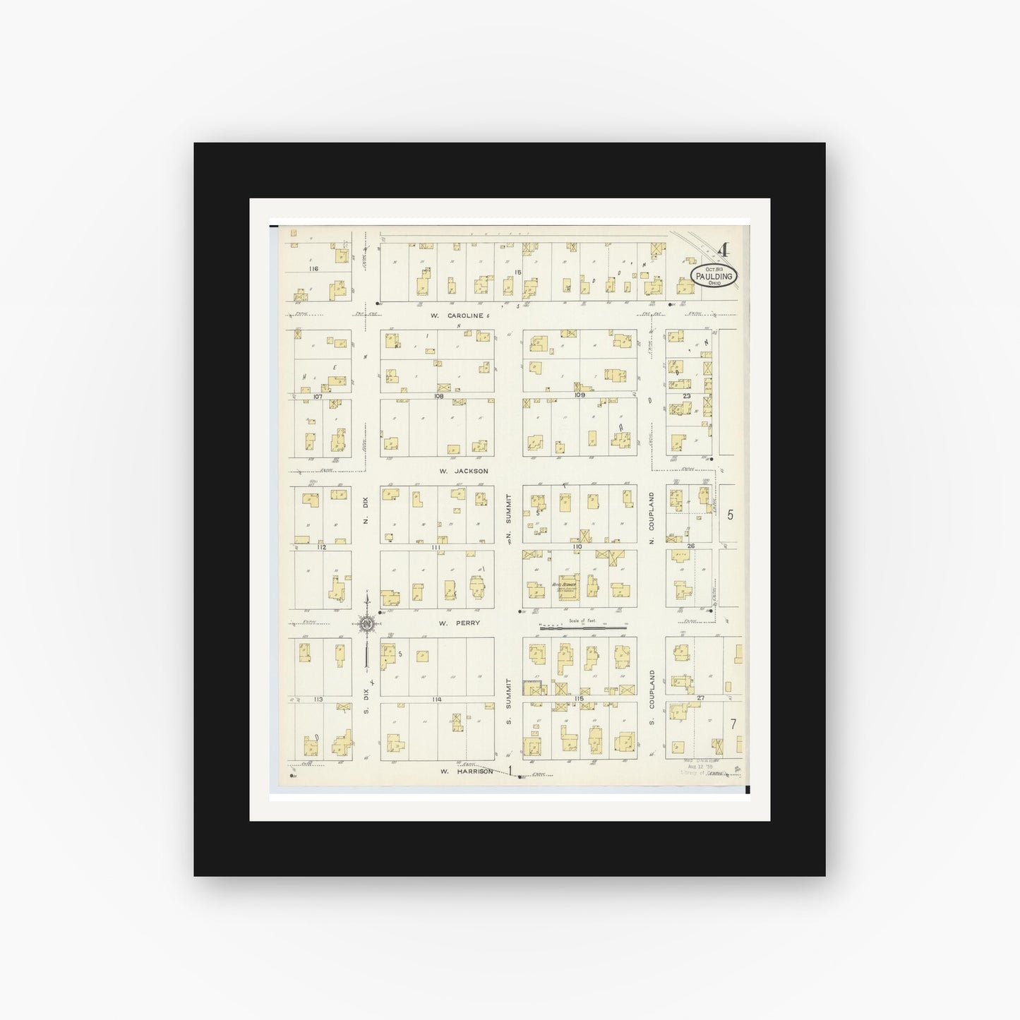 Old map wall art mockup — black gallery frame with white mat — Sanborn Fire Insurance Map from Paulding, Paulding County, Ohio (1913), Sheet #0004