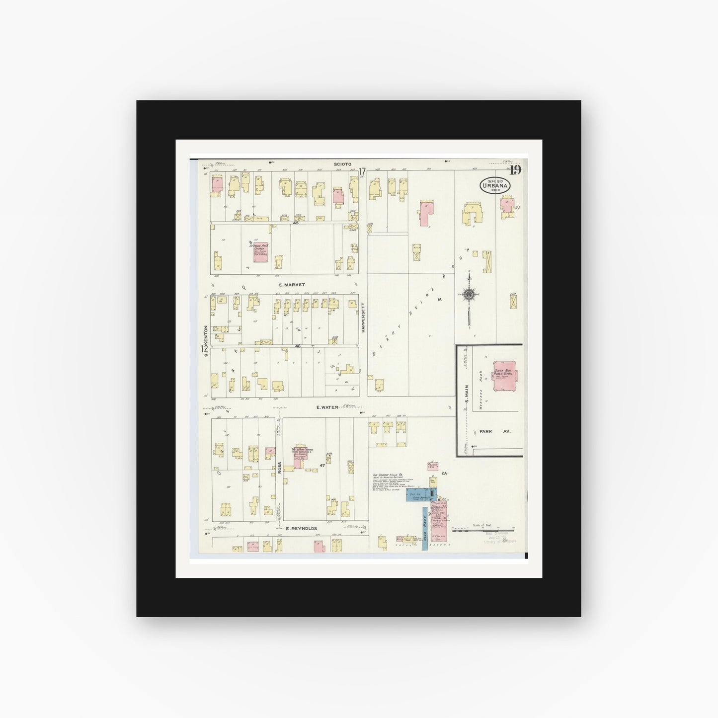 Old map wall art mockup — black gallery frame with white mat — Sanborn Fire Insurance Map from Urbana, Champaign County, Ohio (1910), Sheet #0019