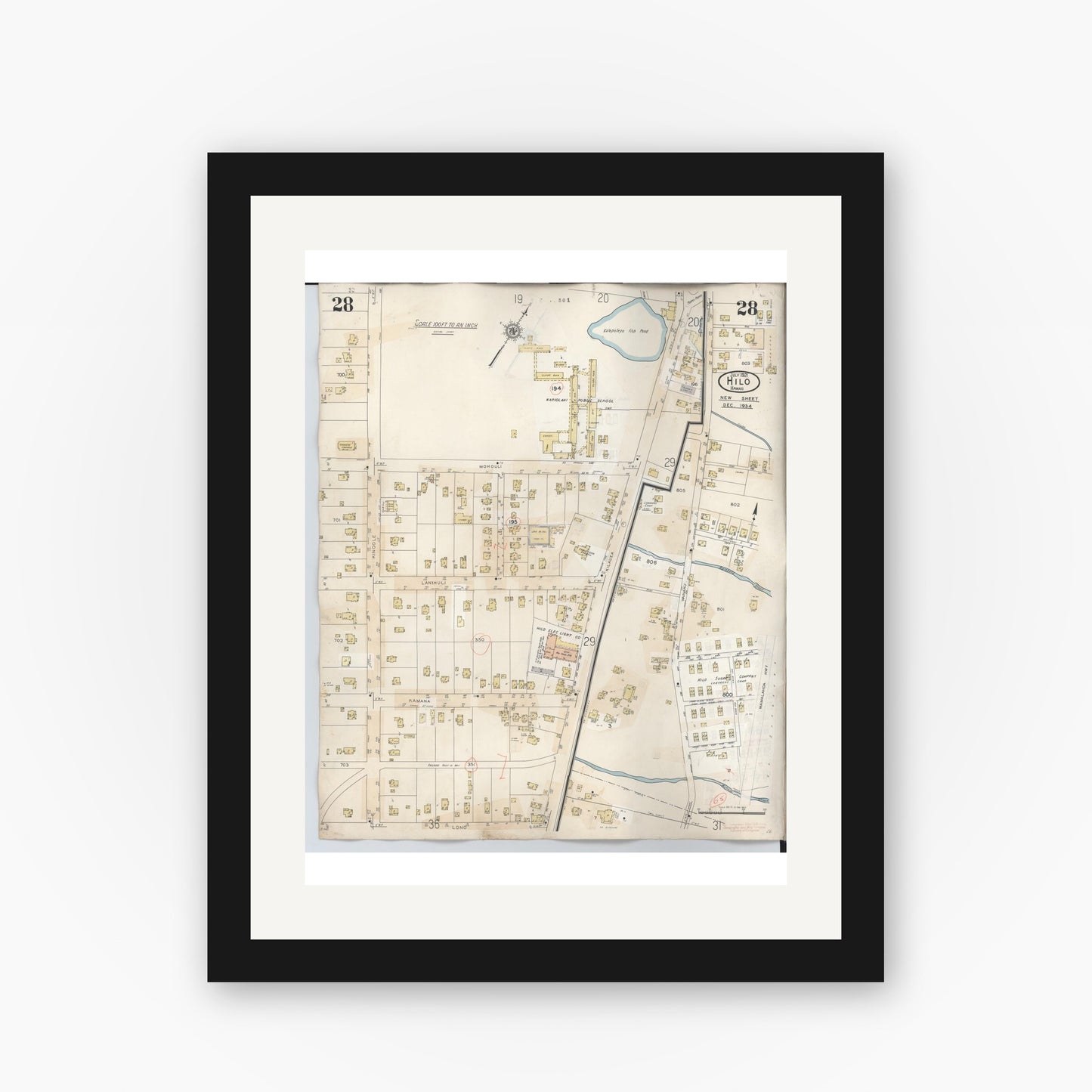 Old map wall art mockup — black gallery frame with white mat — Sanborn Fire Insurance Map from Hilo, Hawaii County, Hawaii (1957), Sheet #0028