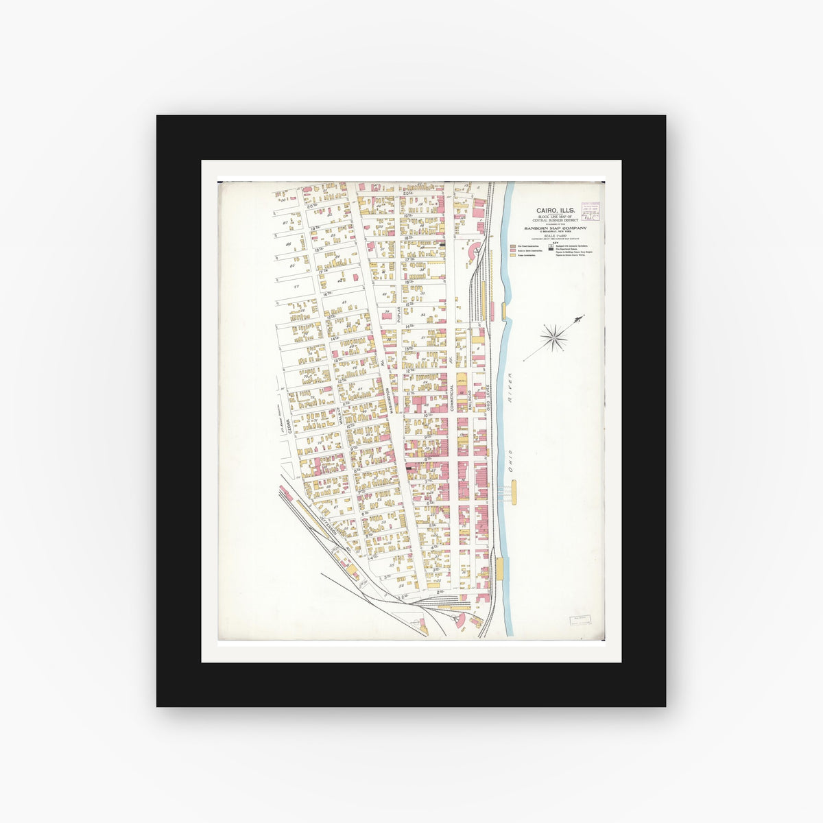 Old map wall art mockup — black gallery frame with white mat — Sanborn Fire Insurance Map from Cairo, Alexander County, Illinois (1906), Sheet #0001