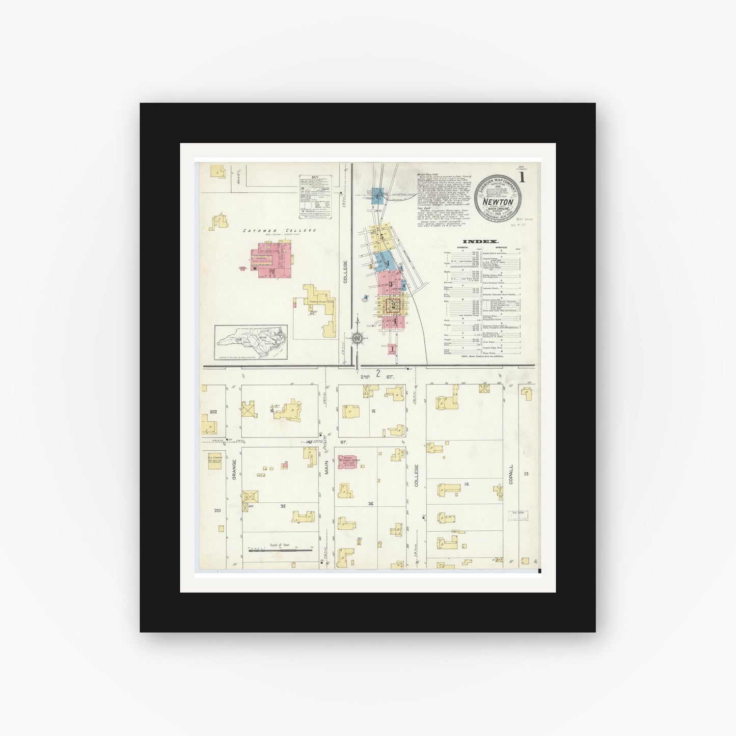 Old map wall art mockup — black gallery frame with white mat — Sanborn Fire Insurance Map from Newton, Catawba County, North Carolina (1913), Sheet #0001
