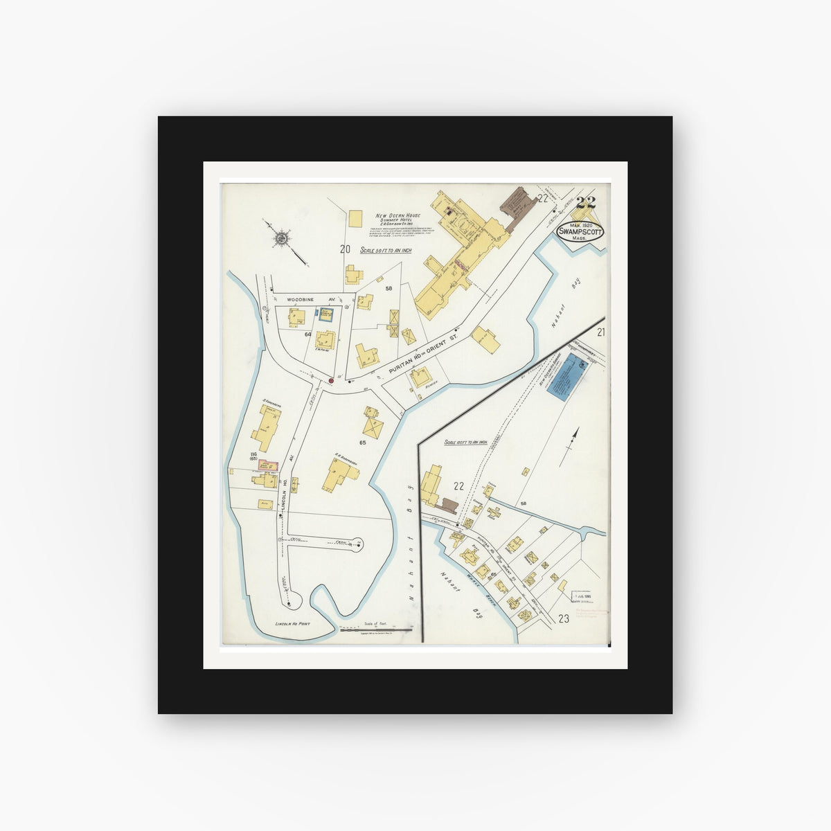 Old map wall art mockup — black gallery frame with white mat — Sanborn Fire Insurance Map from Swampscott, Essex County, Massachusetts (1920), Sheet #0022