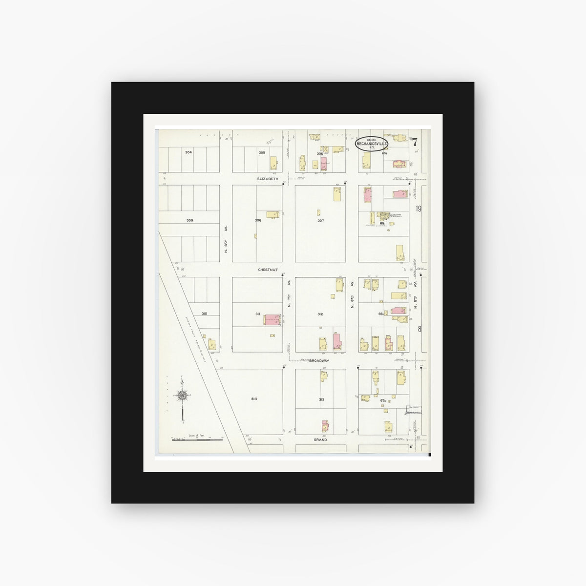 Old map wall art mockup — black gallery frame with white mat — Sanborn Fire Insurance Map from Mechanicville, Saratoga County, New York (1911), Sheet #0007