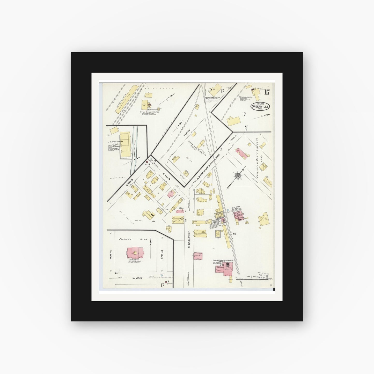 Old map wall art mockup — black gallery frame with white mat — Sanborn Fire Insurance Map from Greenville, Darke County, Ohio (1910), Sheet #0017