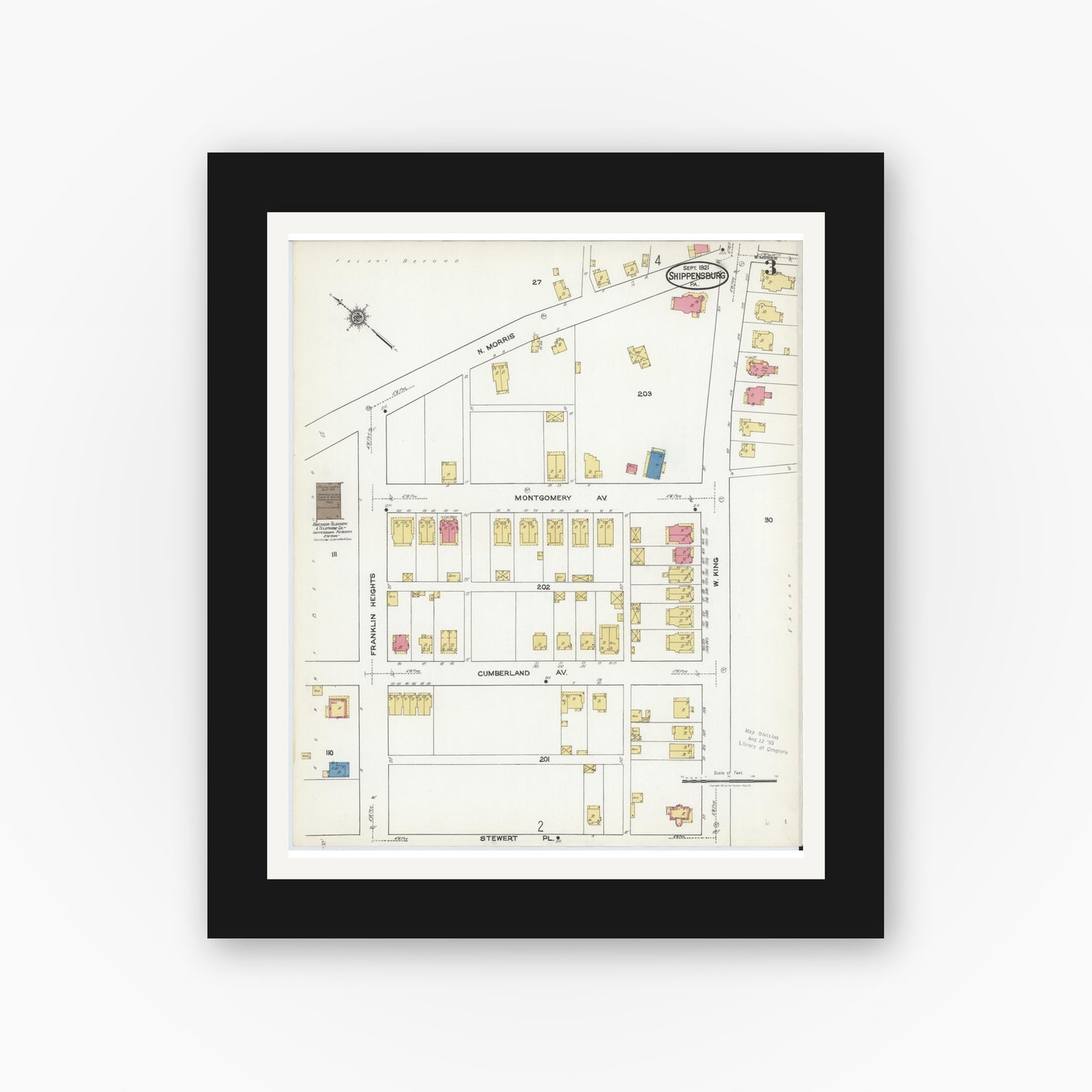 Old map wall art mockup — black gallery frame with white mat — Sanborn Fire Insurance Map from Shippensburg, Cumberland And Franklin Counties, Pennsylvania (1921), Sheet #0003