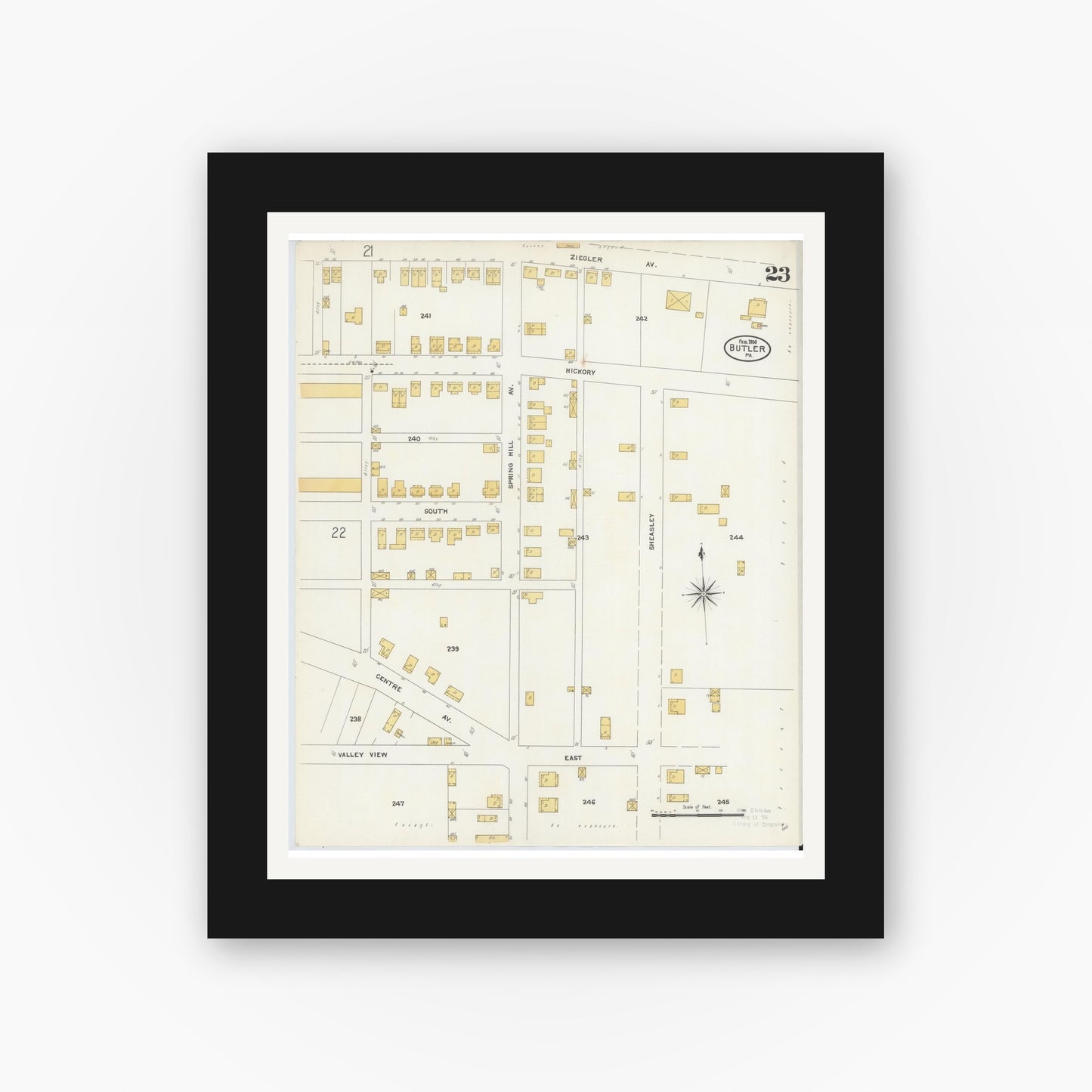 Old map wall art mockup — black gallery frame with white mat — Sanborn Fire Insurance Map from Butler, Butler County, Pennsylvania (1906), Sheet #0023