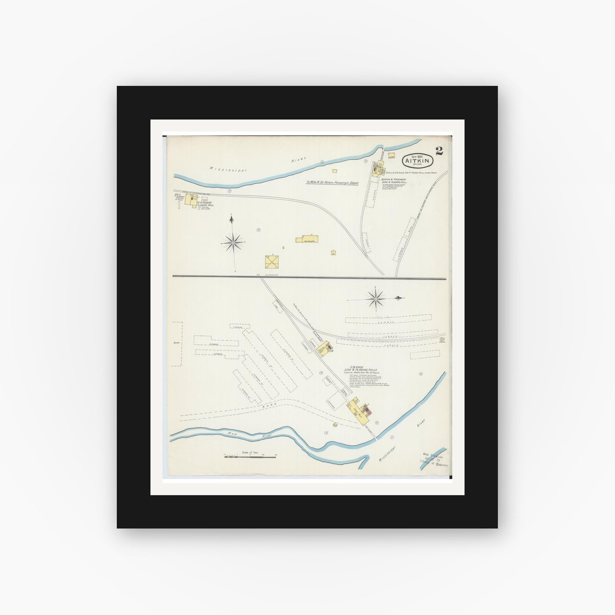 Old map wall art mockup — black gallery frame with white mat — Sanborn Fire Insurance Map from Aitkin, Aitkin County, Minnesota (1892), Sheet #0002