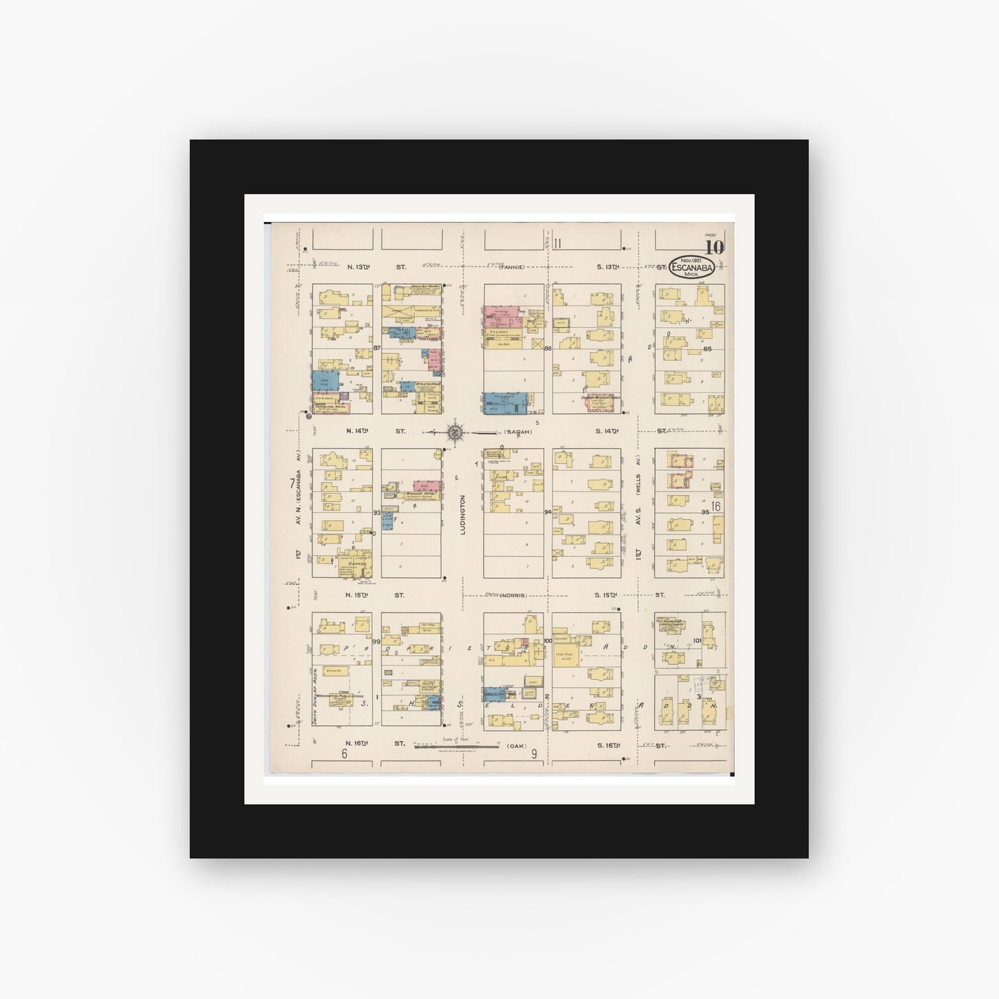 Old map wall art mockup — black gallery frame with white mat — Sanborn Fire Insurance Map from Escanaba, Delta County, Michigan (1921), Sheet #0010