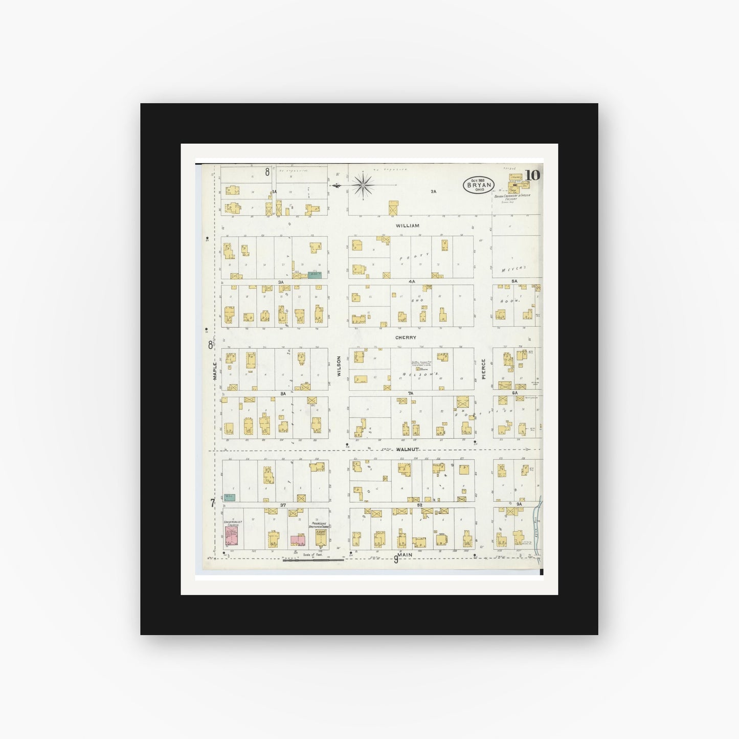 Old map wall art mockup — black gallery frame with white mat — Sanborn Fire Insurance Map from Bryan, Williams County, Ohio (1905), Sheet #0010